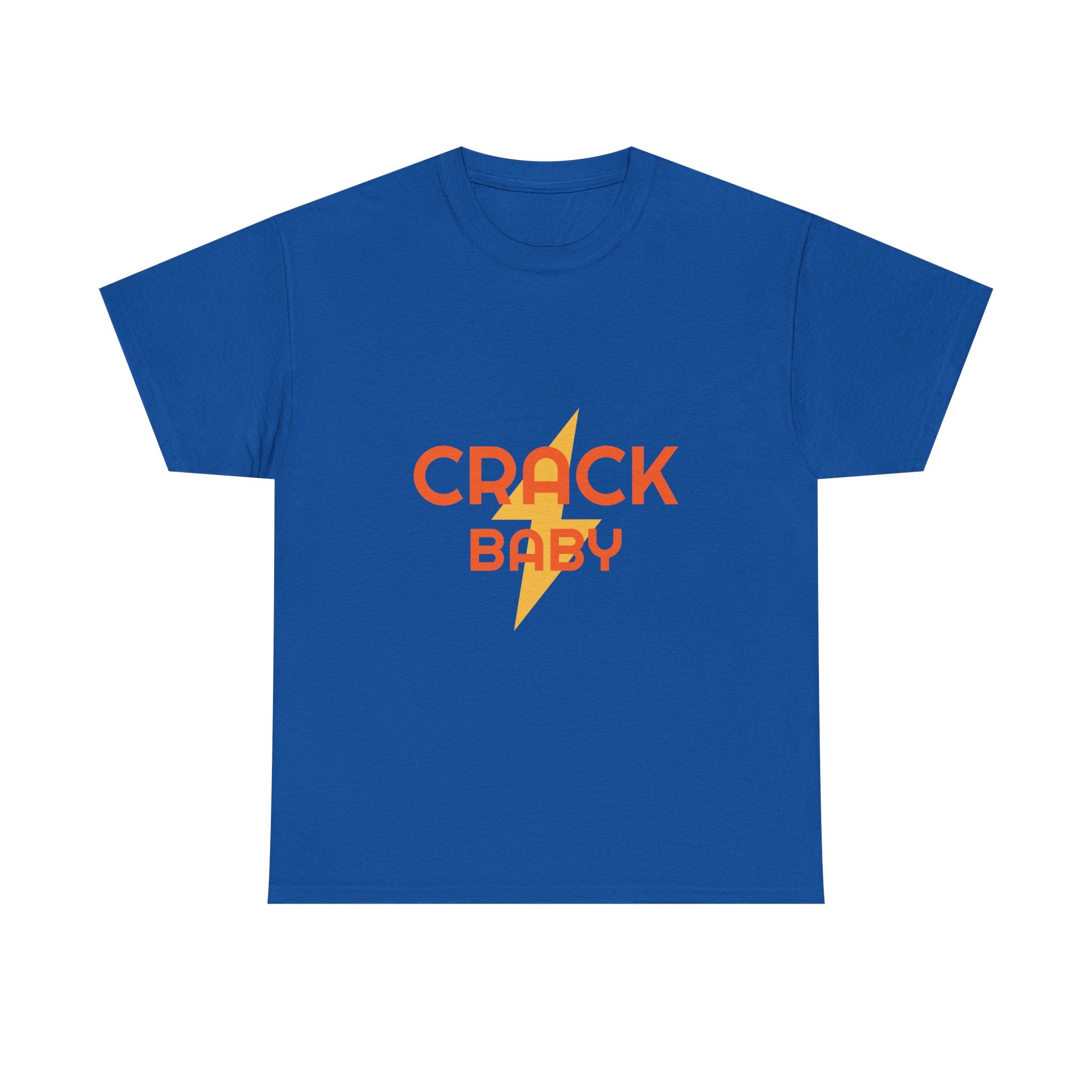 Blue t-shirt with 'CRACK BABY' text and lightning bolt graphic on a white background