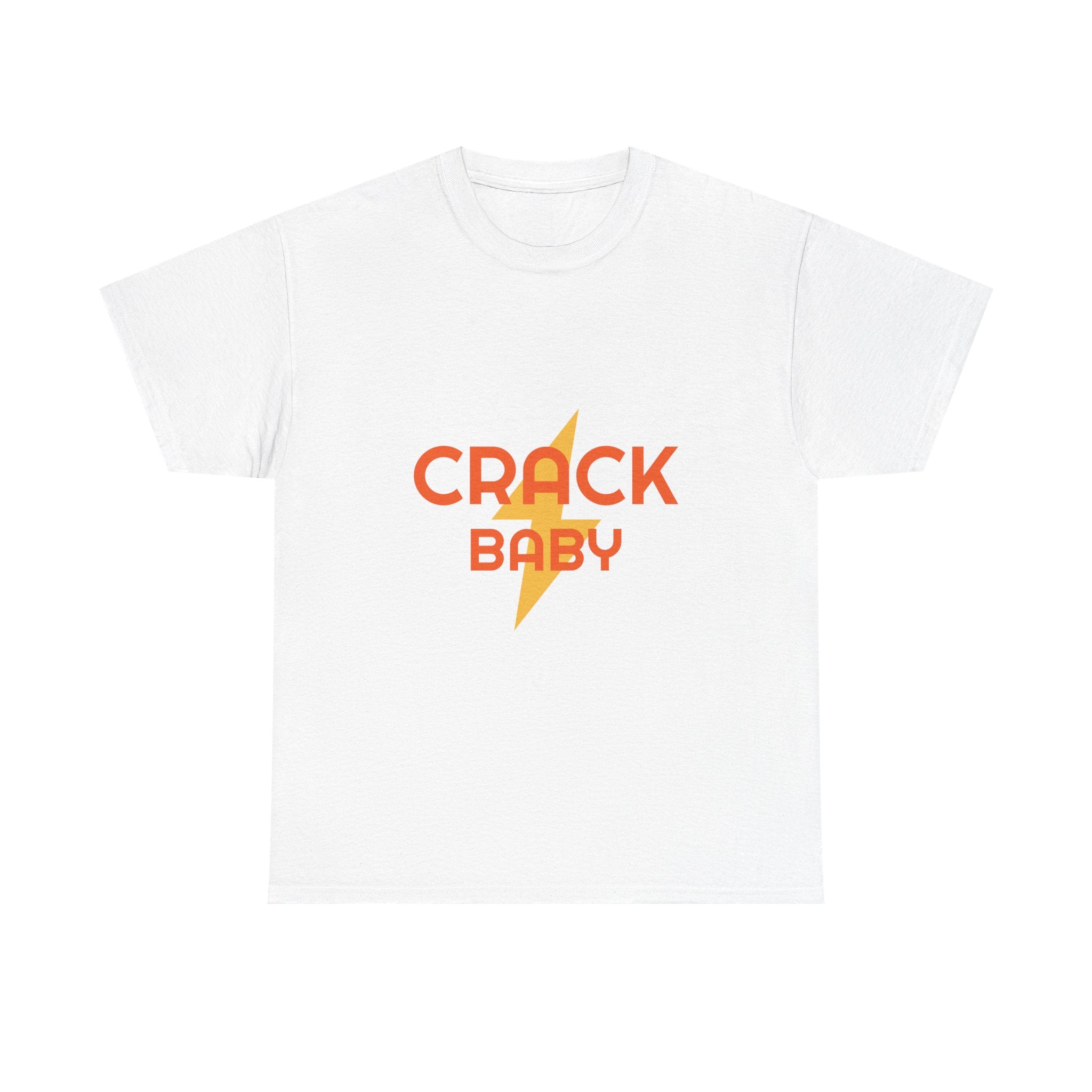 White t-shirt with 'CRACK BABY' text and lightning bolt graphic on a white background