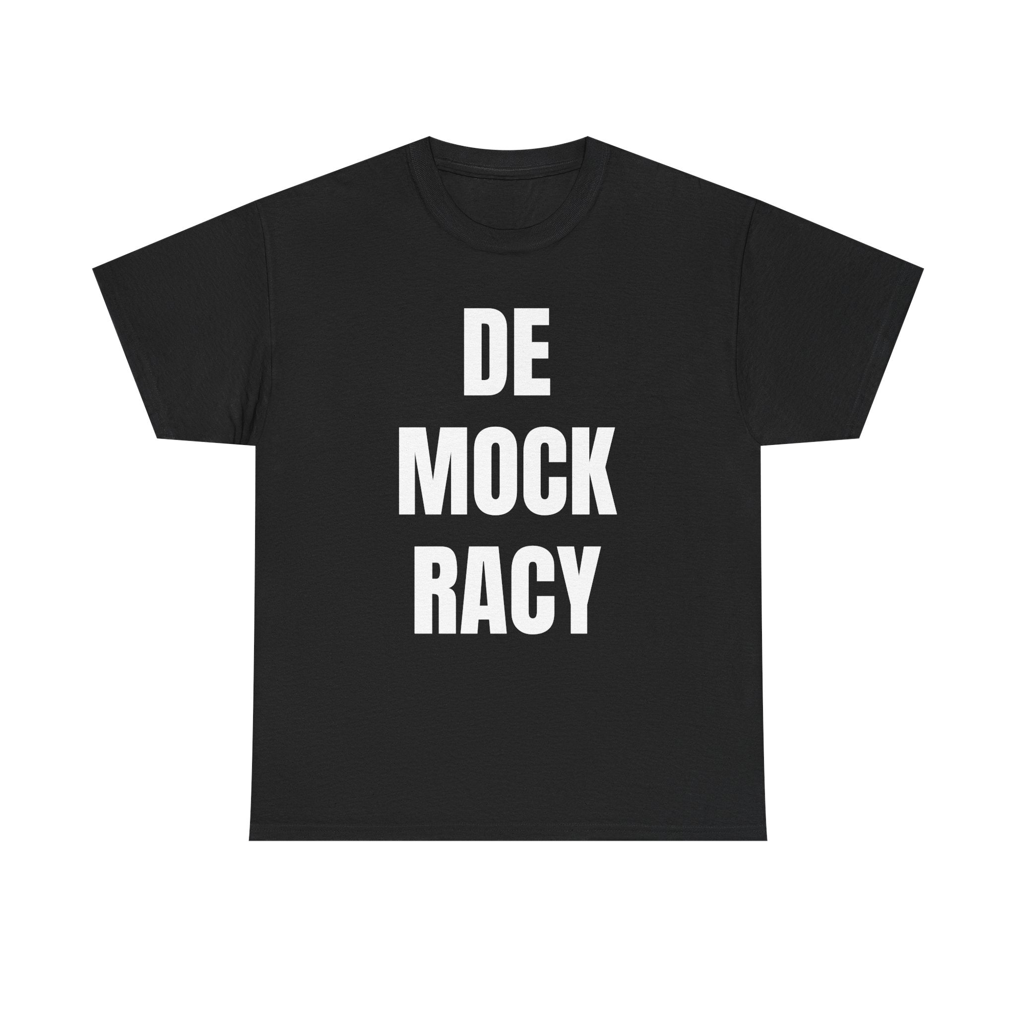 Black t-shirt with 'DE MOCK RACY' text on a white background