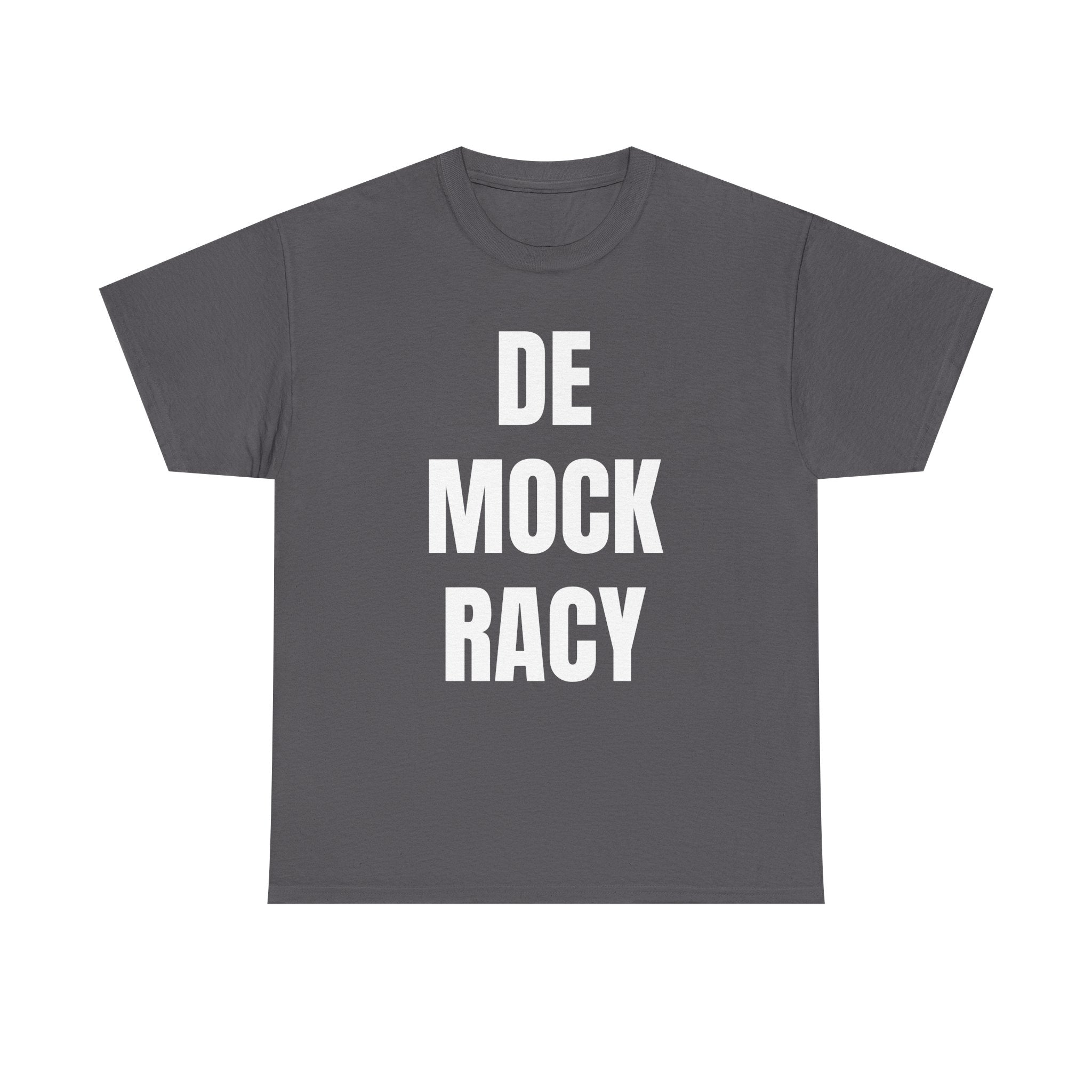 Gray t-shirt with 'DE MOCK RACY' text on a white background