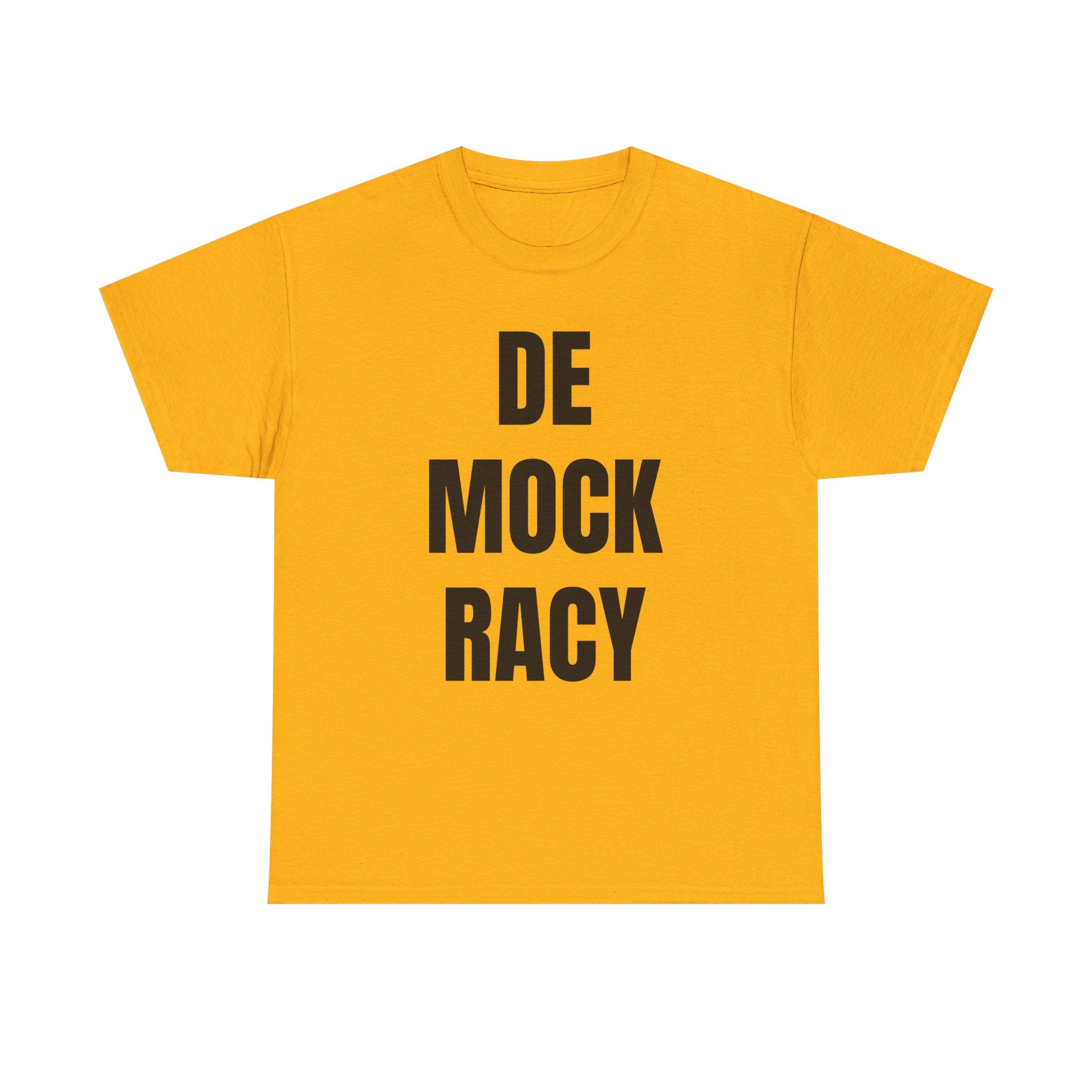 Yellow t-shirt with 'DE MOCK RACY' text on a white background
