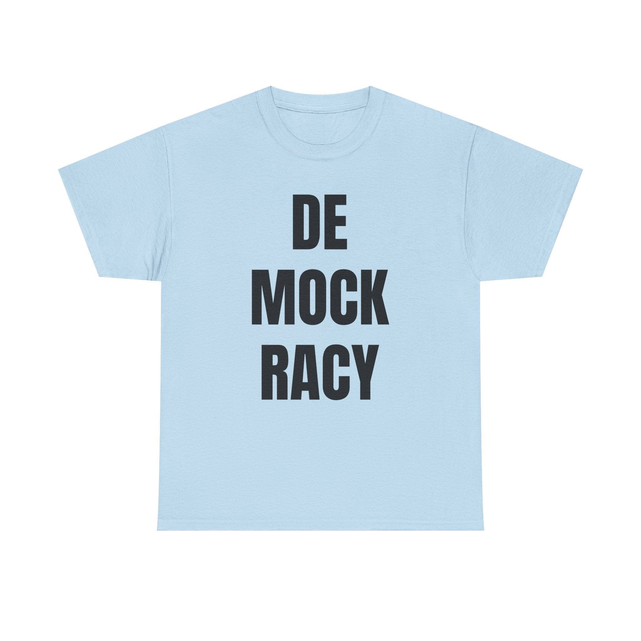 Light blue t-shirt with 'DE MOCK RACY' text on a white background