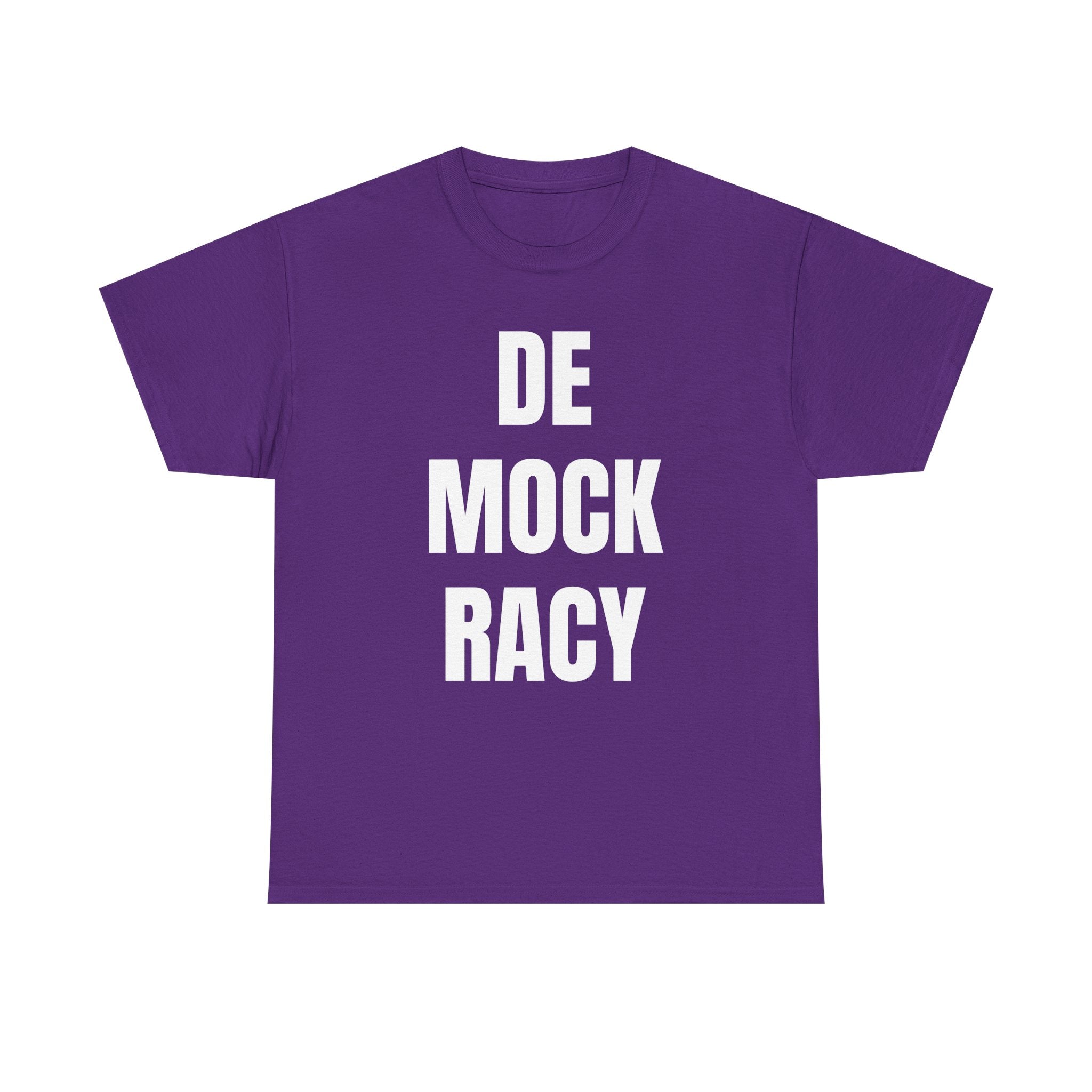 Purple t-shirt with 'DE MOCK RACY' text on a white background