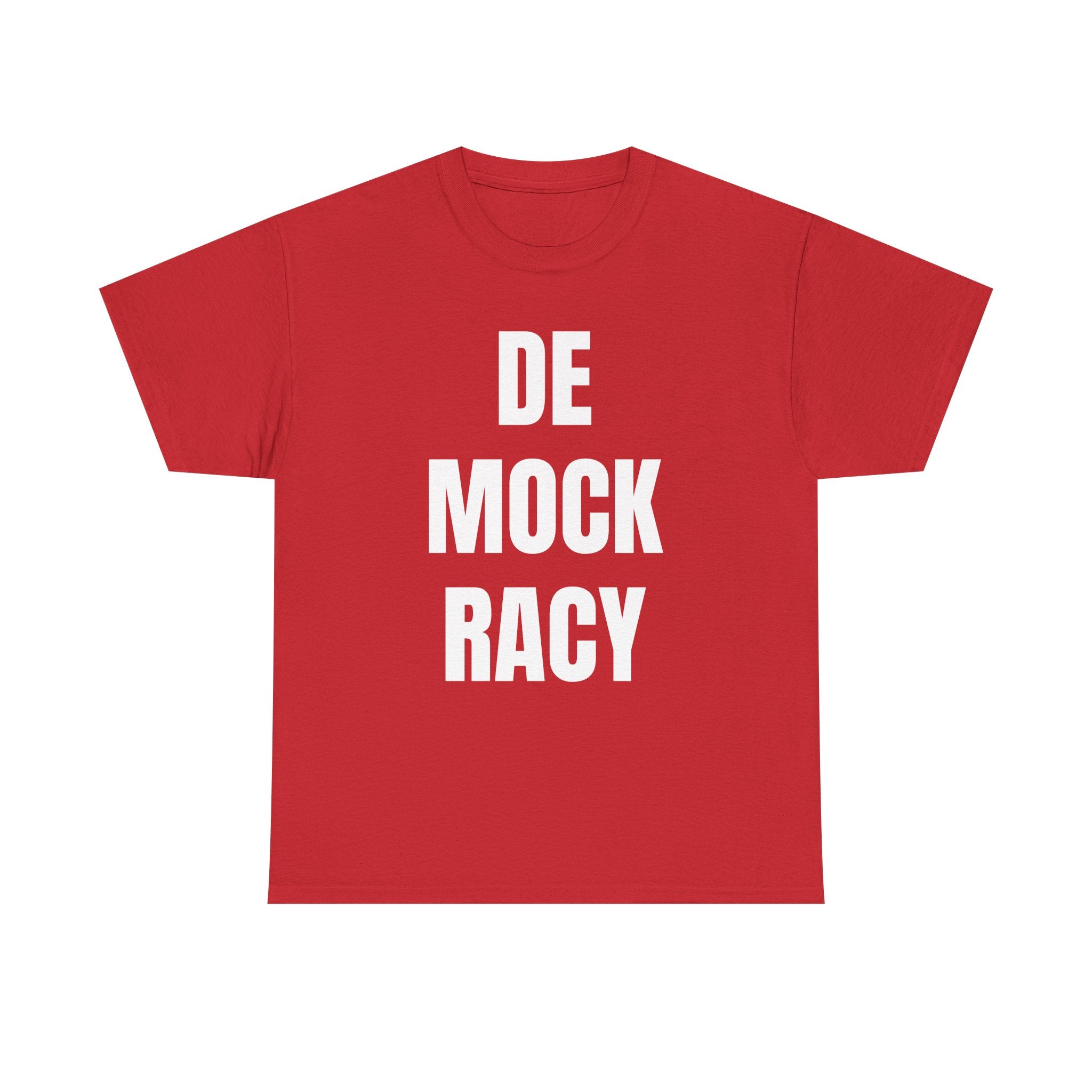 Red t-shirt with 'DE MOCK RACY' text on a white background