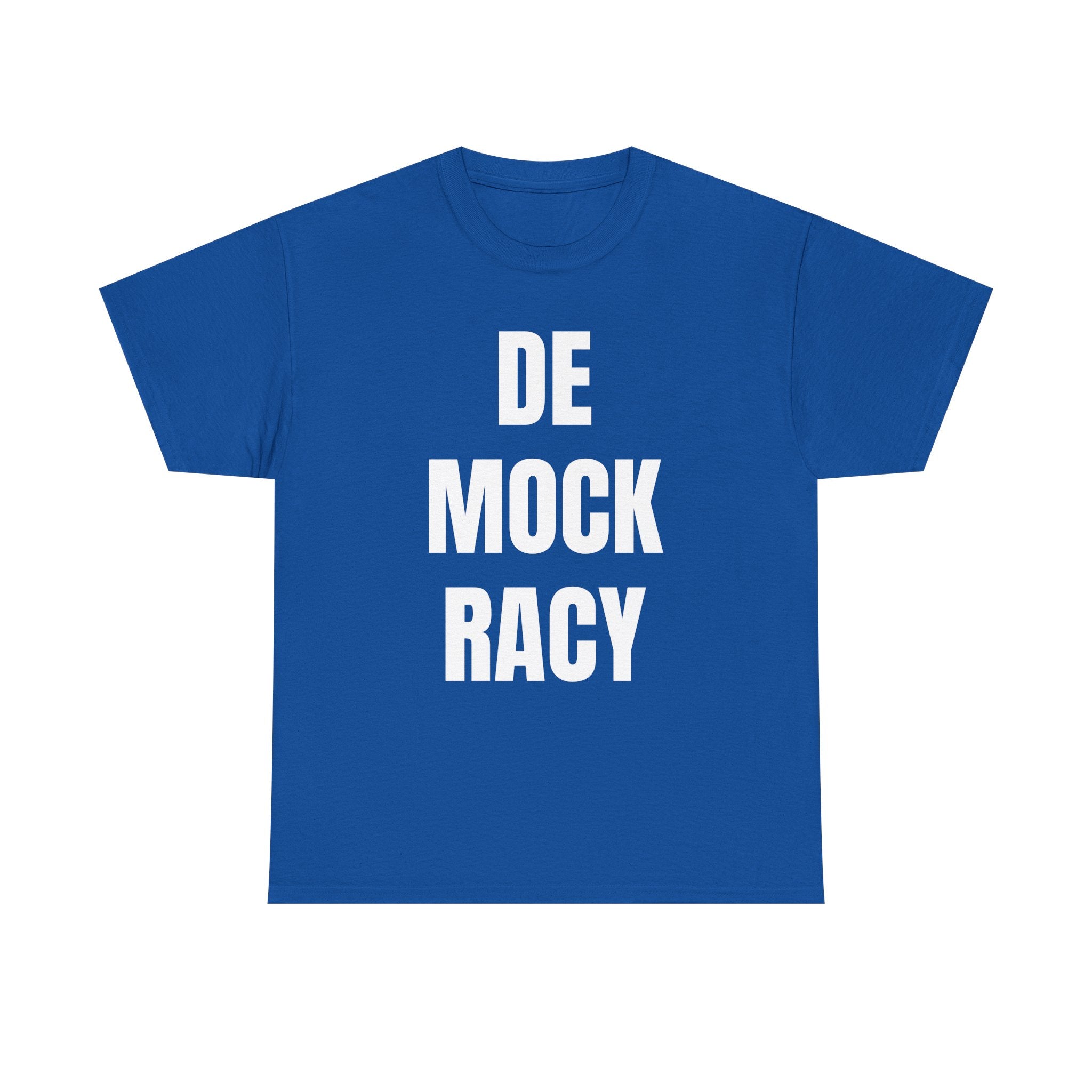 Blue t-shirt with 'DE MOCK RACY' text on a white background