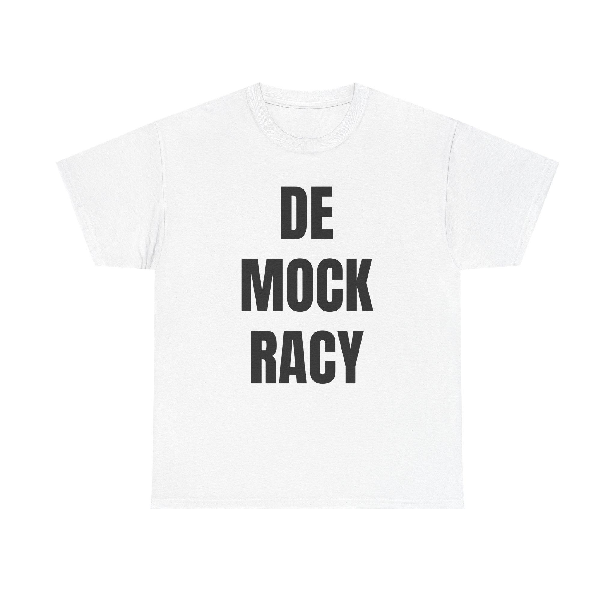 White t-shirt with 'DE MOCK RACY' text on a white background