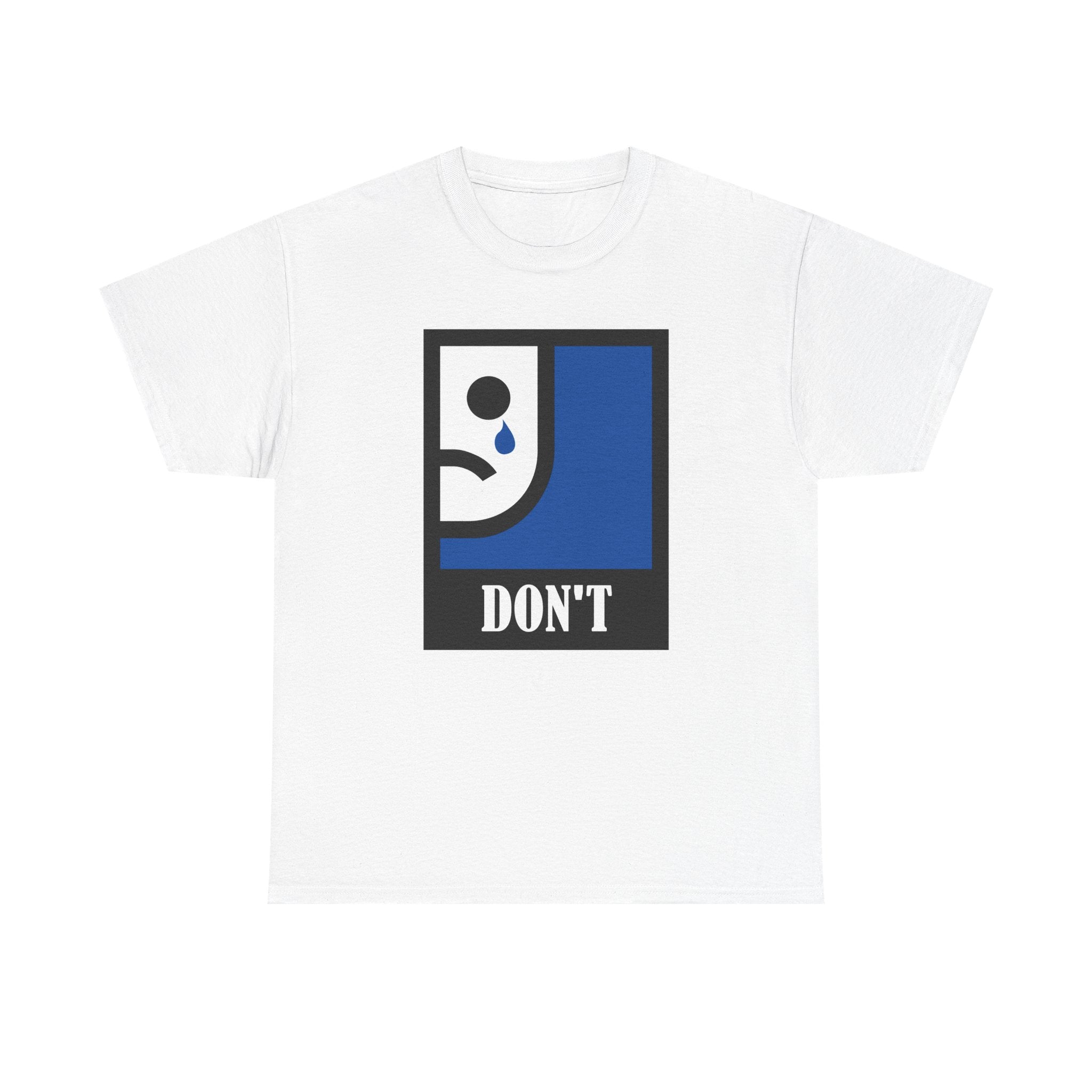 White t-shirt with a graphic design featuring a blue square and text on a white background