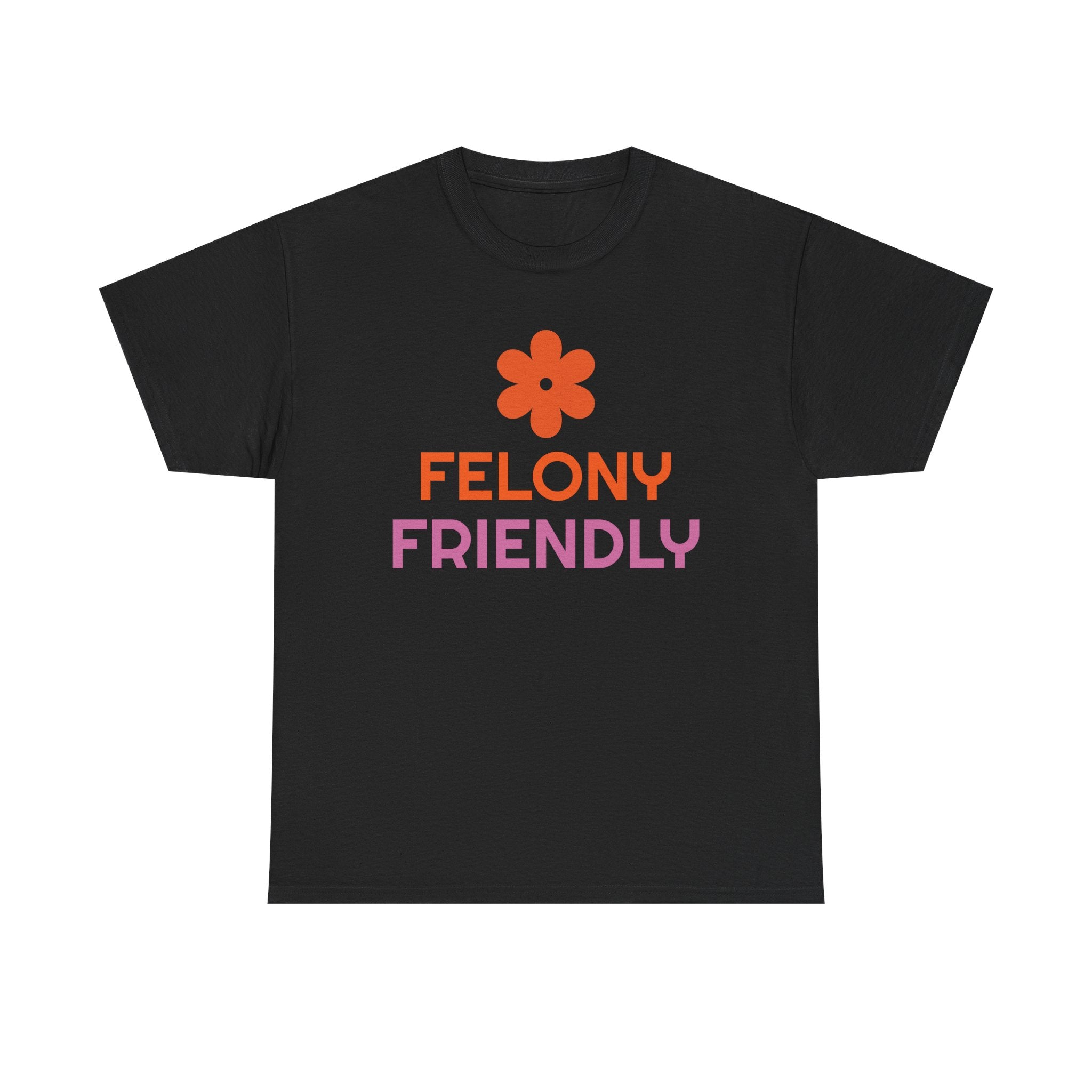 Black t-shirt with orange flower and pink text on a white background
