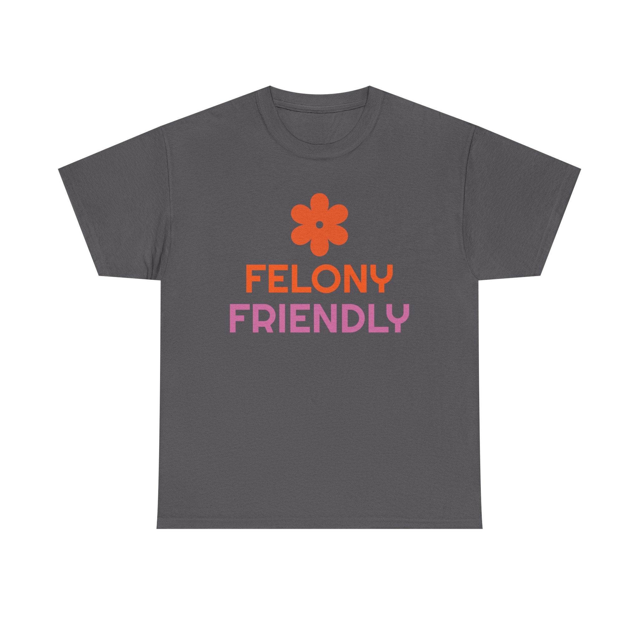 Gray t-shirt with orange flower and pink text on a white background