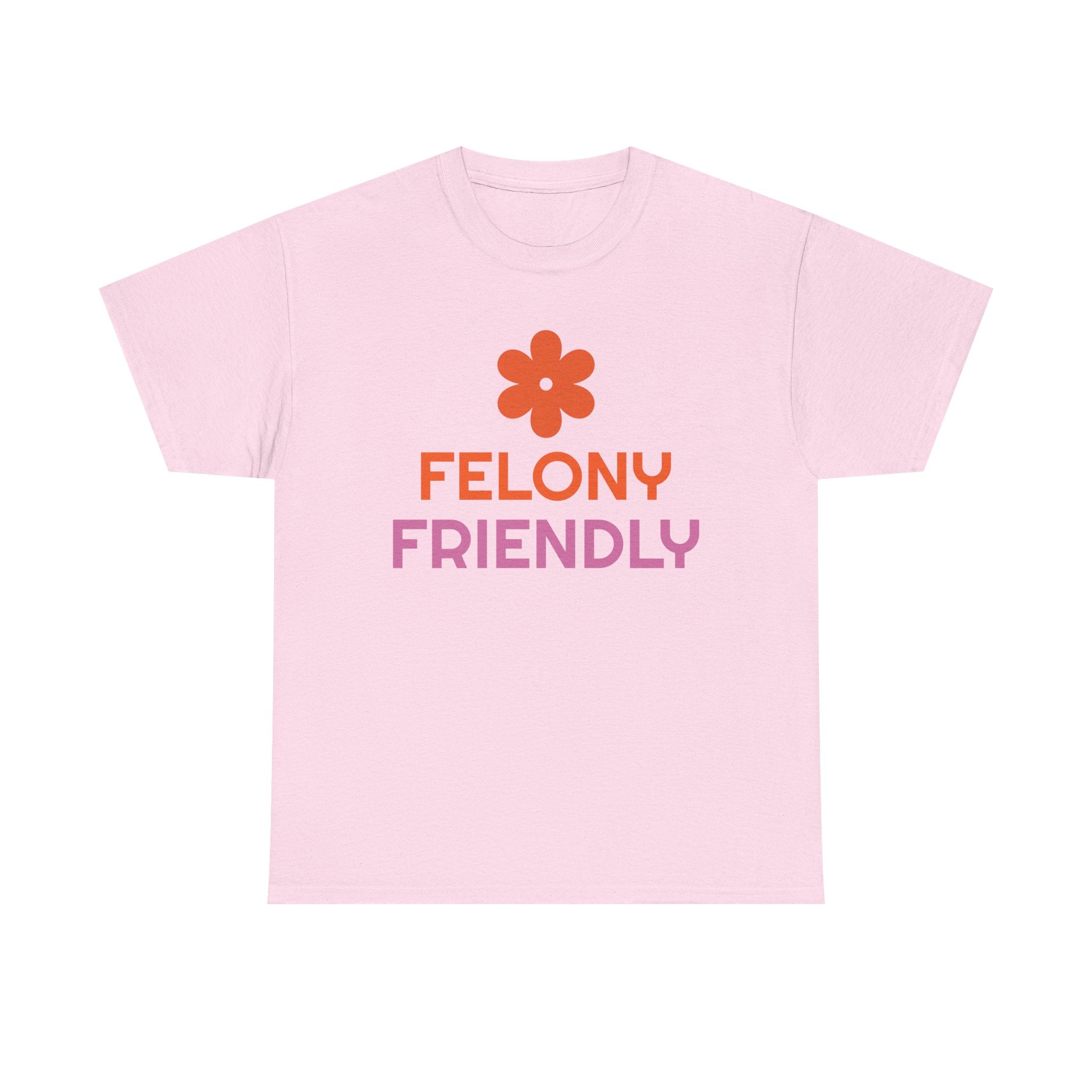 Pink t-shirt with 'Felony Friendly' text and flower graphic on a white background
