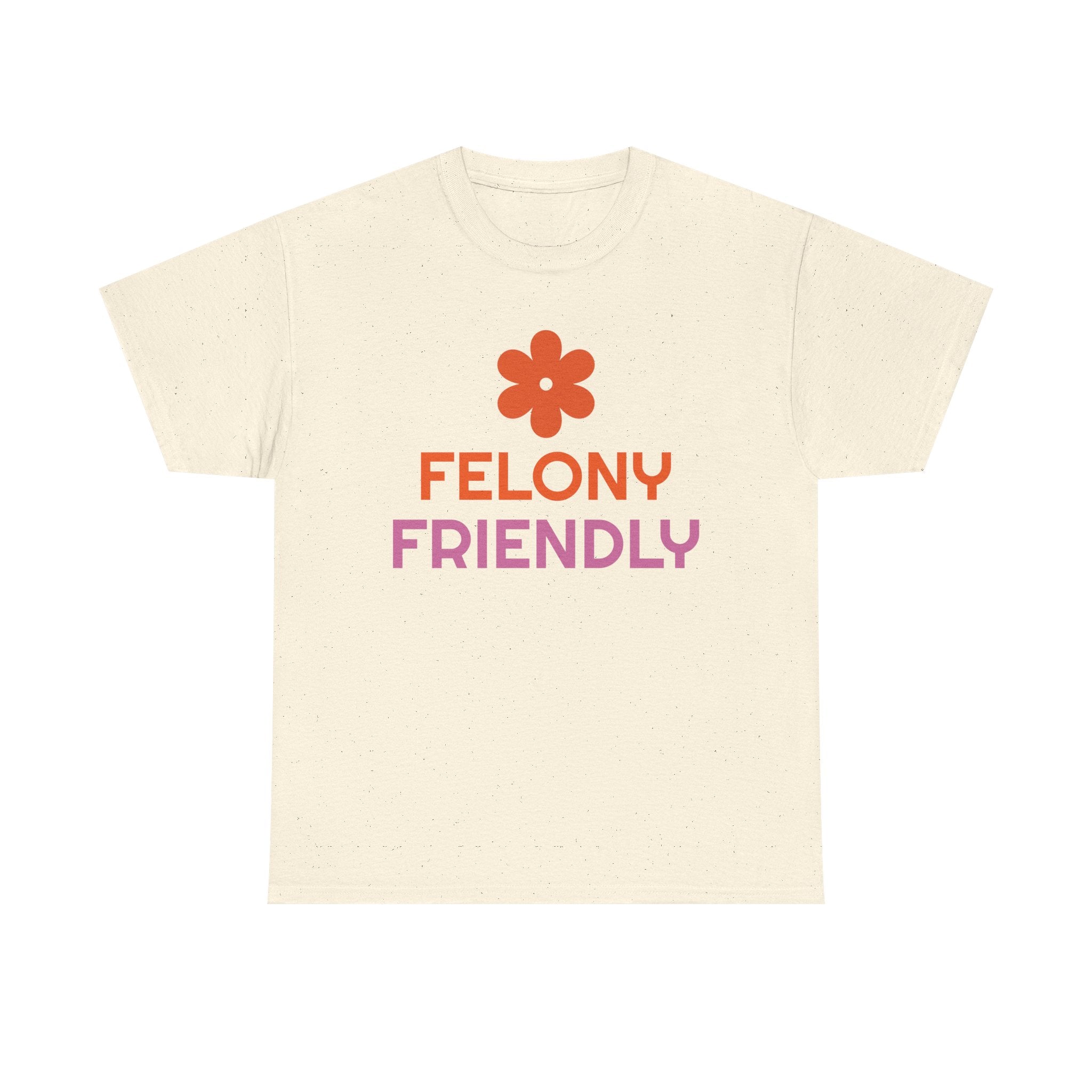 Beige t-shirt with 'Felony Friendly' text and flower graphic on a white background