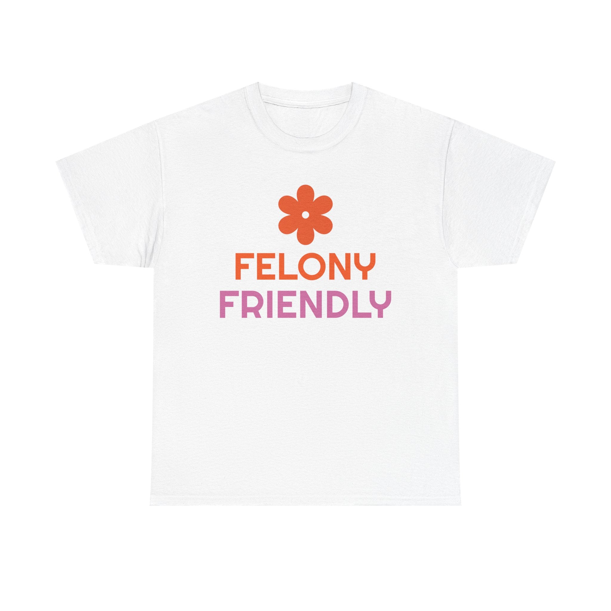 White t-shirt with 'Felony Friendly' text and a flower graphic on a white background