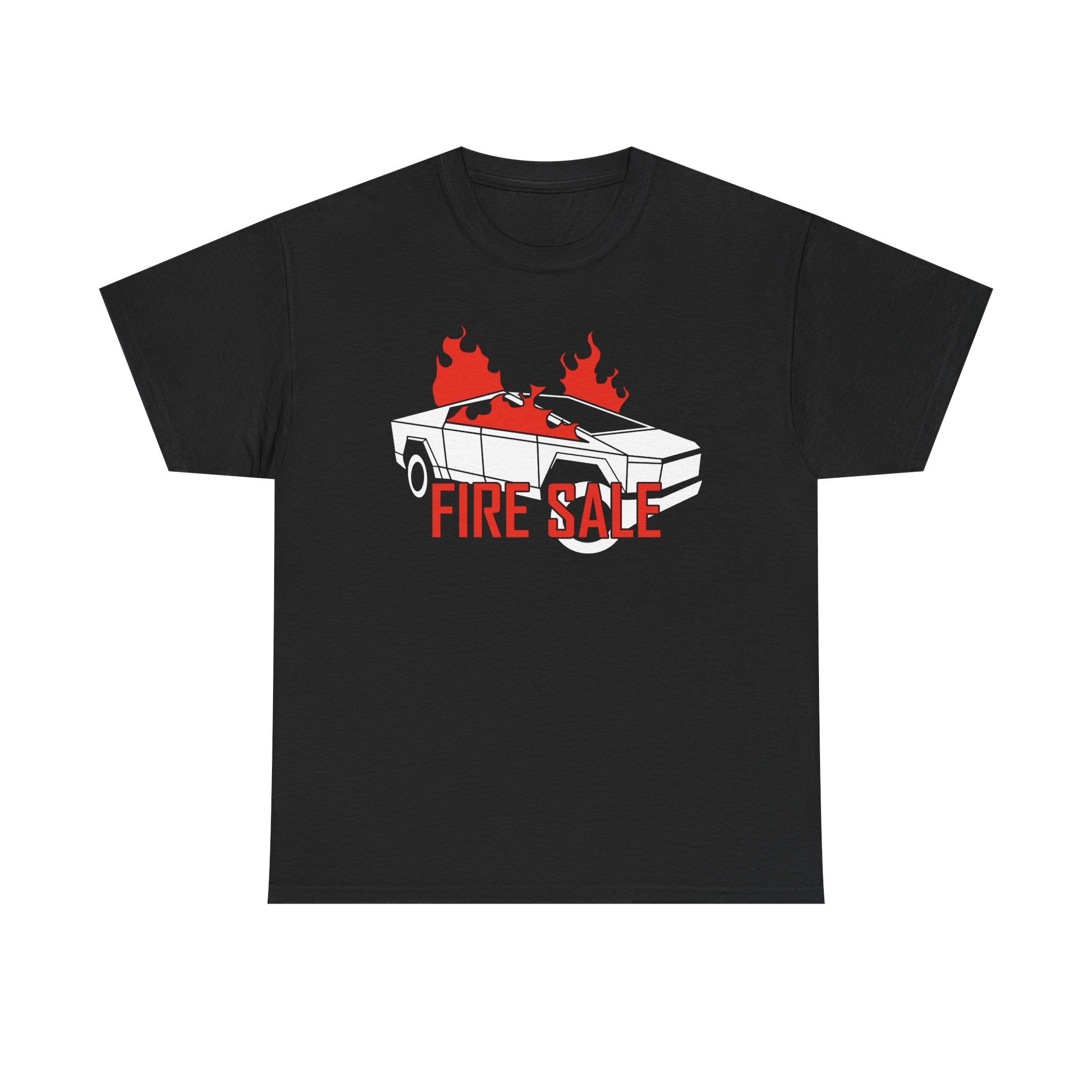 Black t-shirt with a graphic of a car on fire and 'FIRE SALE' text, on a white background.