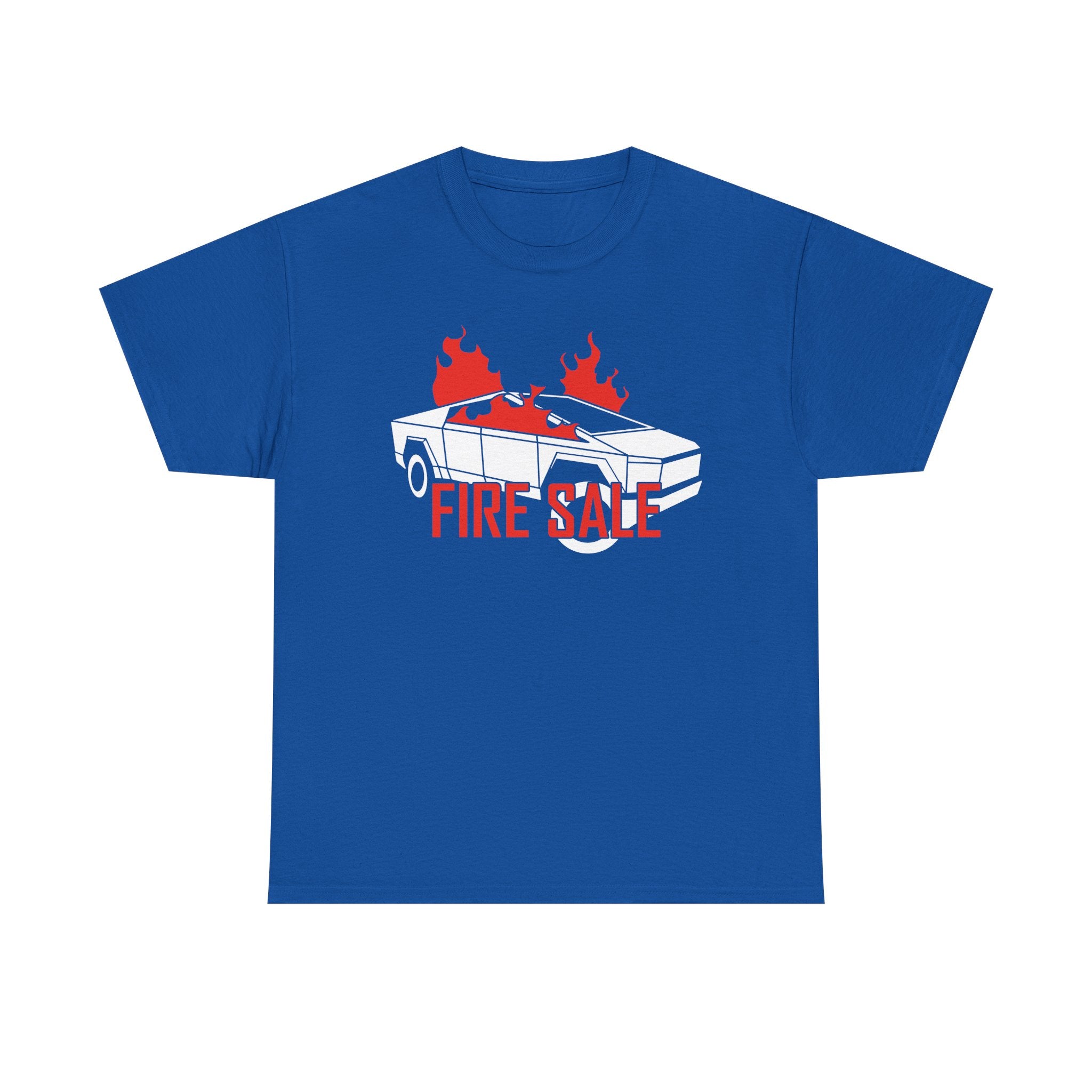 Blue t-shirt with a graphic of a car on fire and 'FIRE SALE' text, on a white background.
