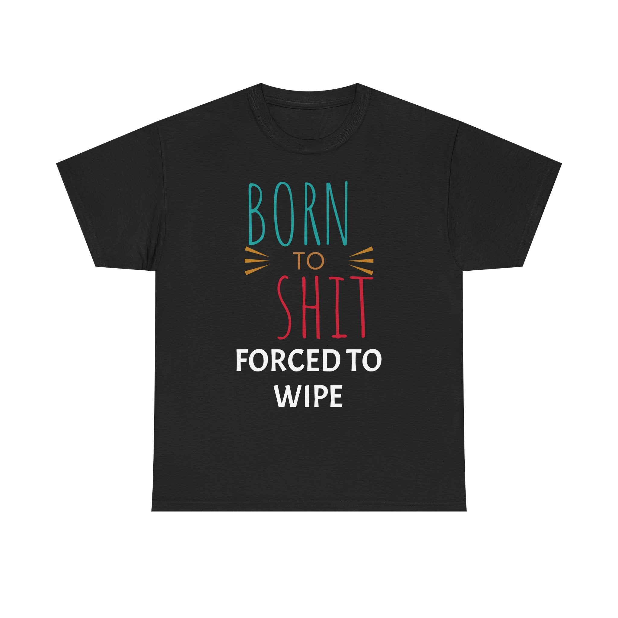 Black t-shirt with colorful text design on a white background