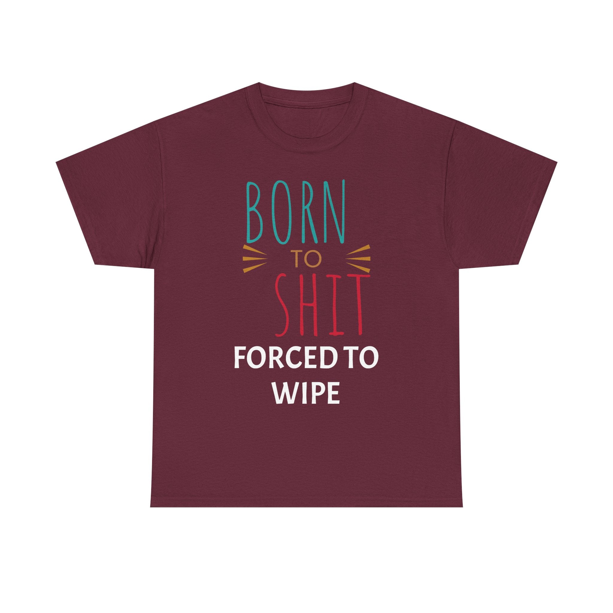 Maroon t-shirt with colorful text design on a white background