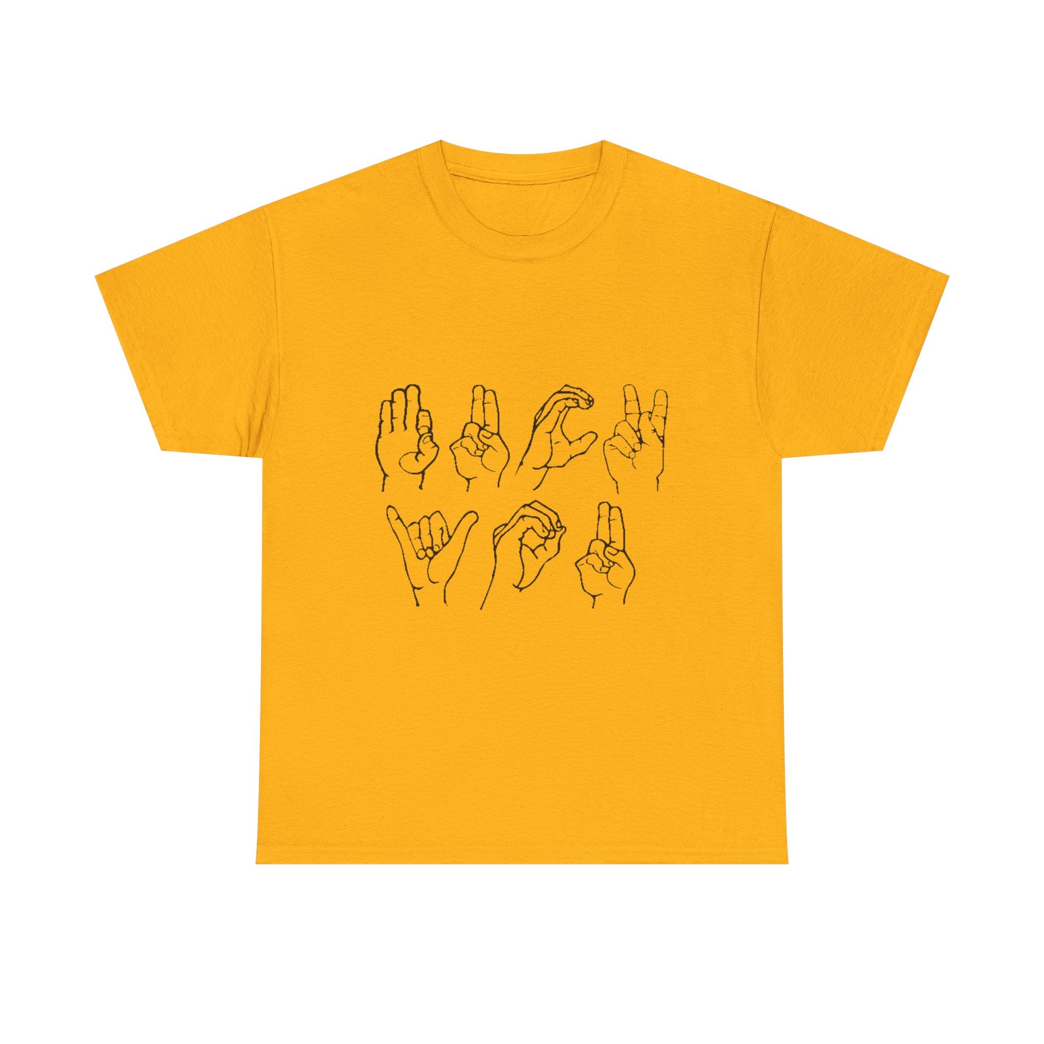 Yellow t-shirt with black hand gesture illustrations on a white background