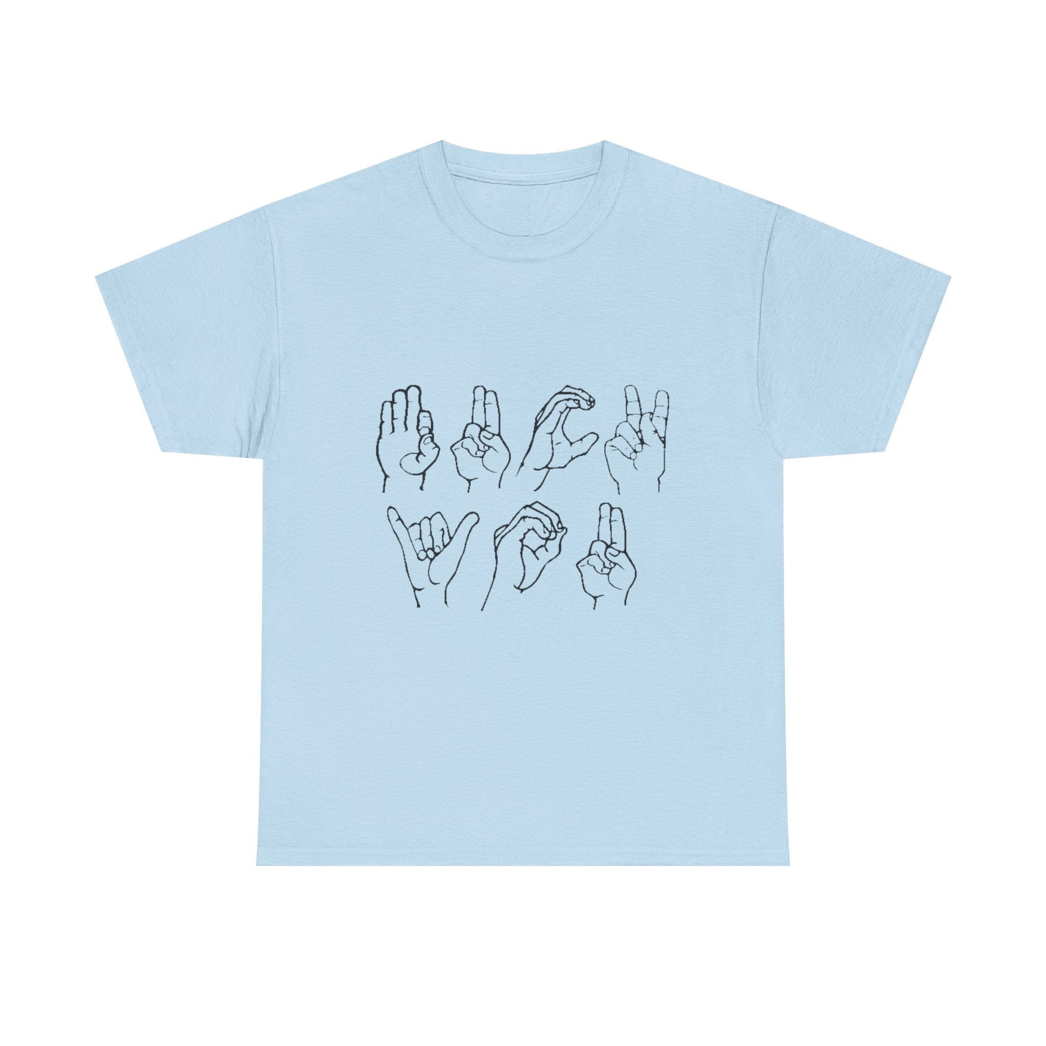 Light blue t-shirt with black hand illustrations on a white background