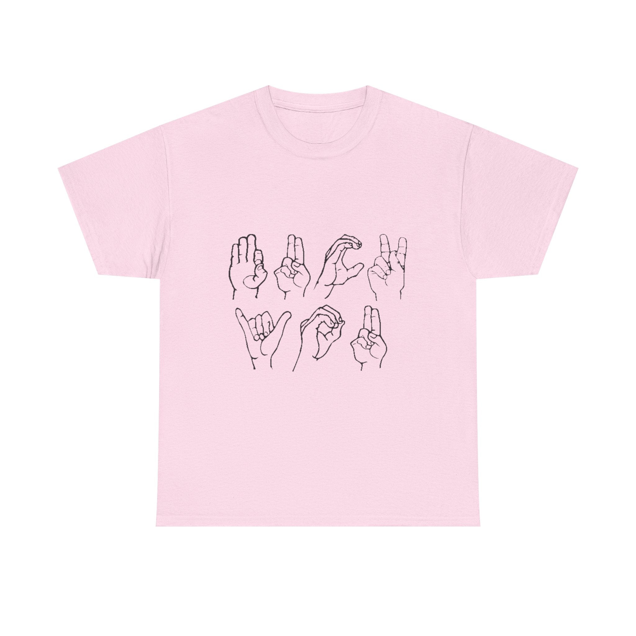 Pink t-shirt with line drawings of hands on a white background