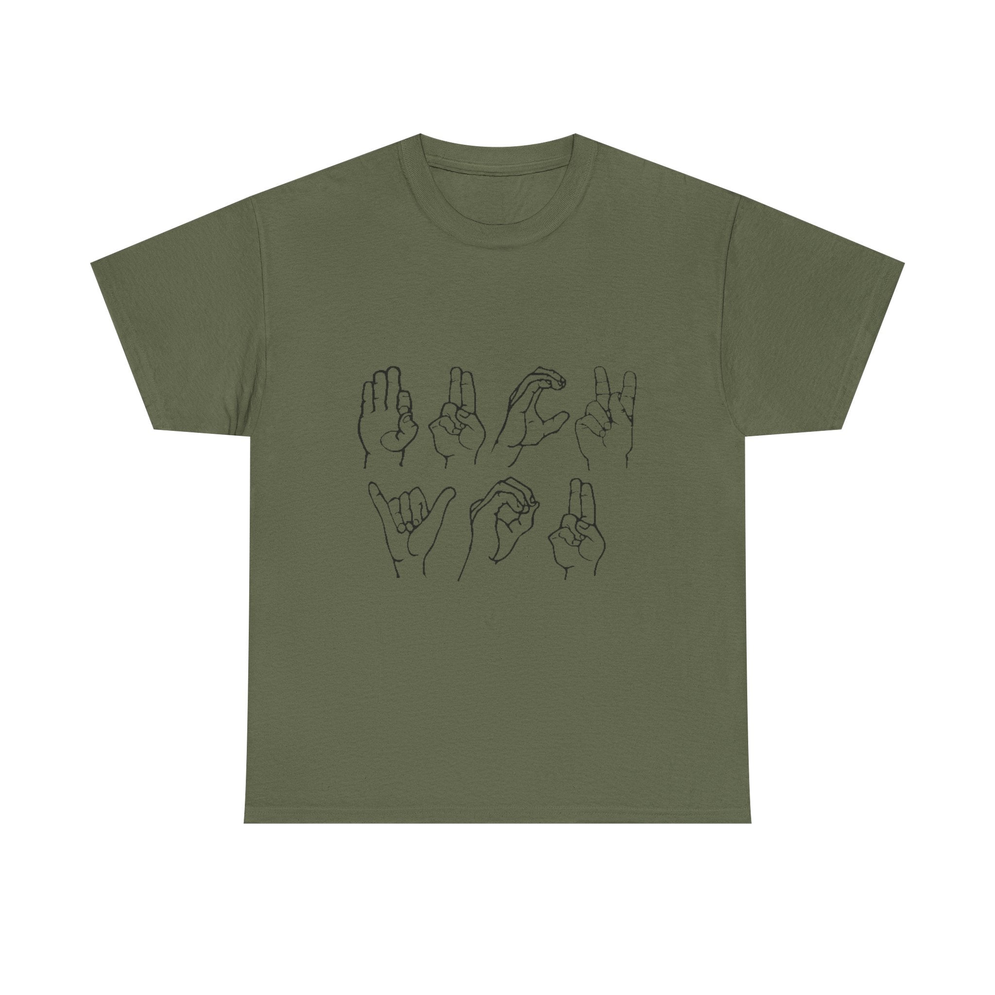 Green t-shirt with hand illustrations on a white background
