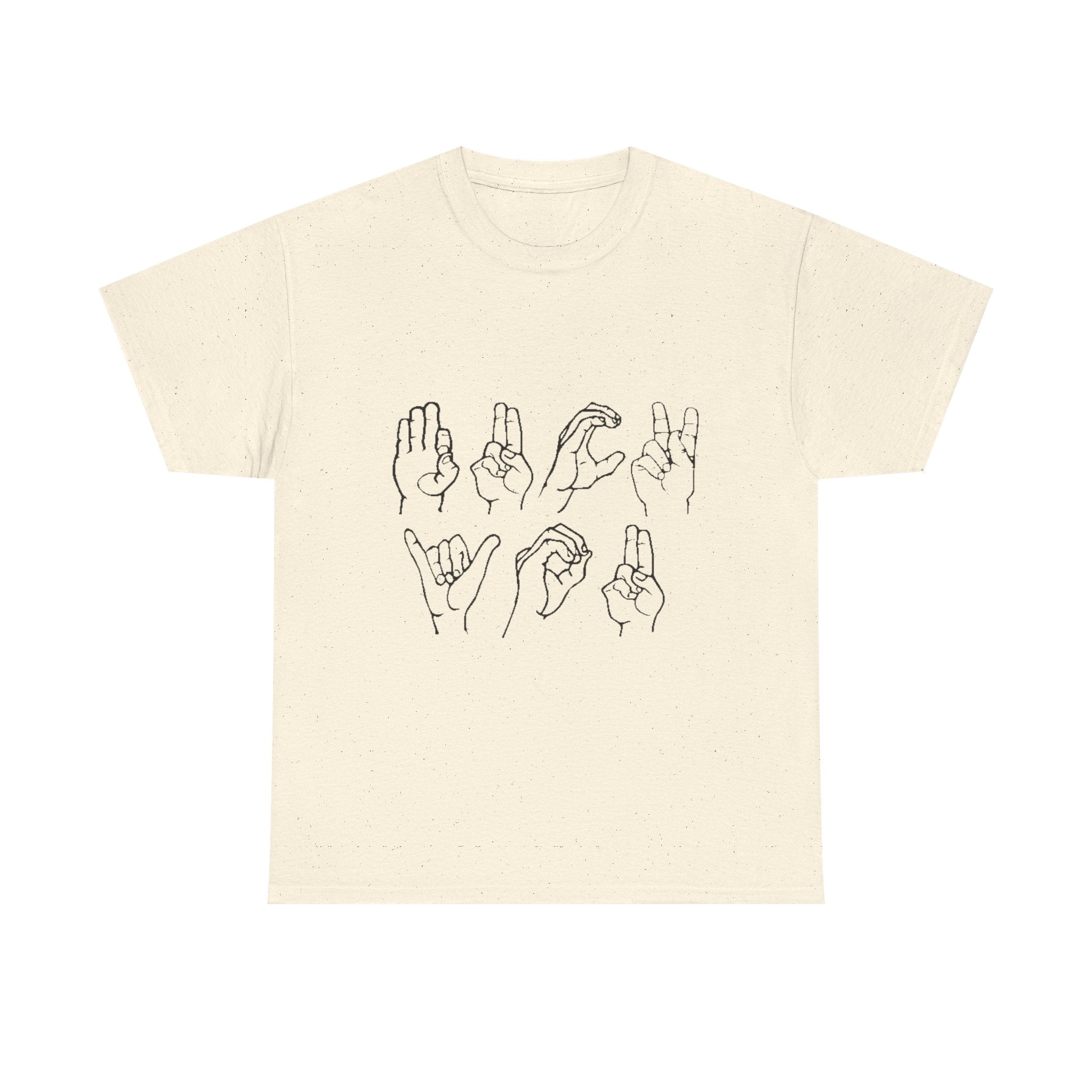 Beige t-shirt with line drawings of hands on a white background