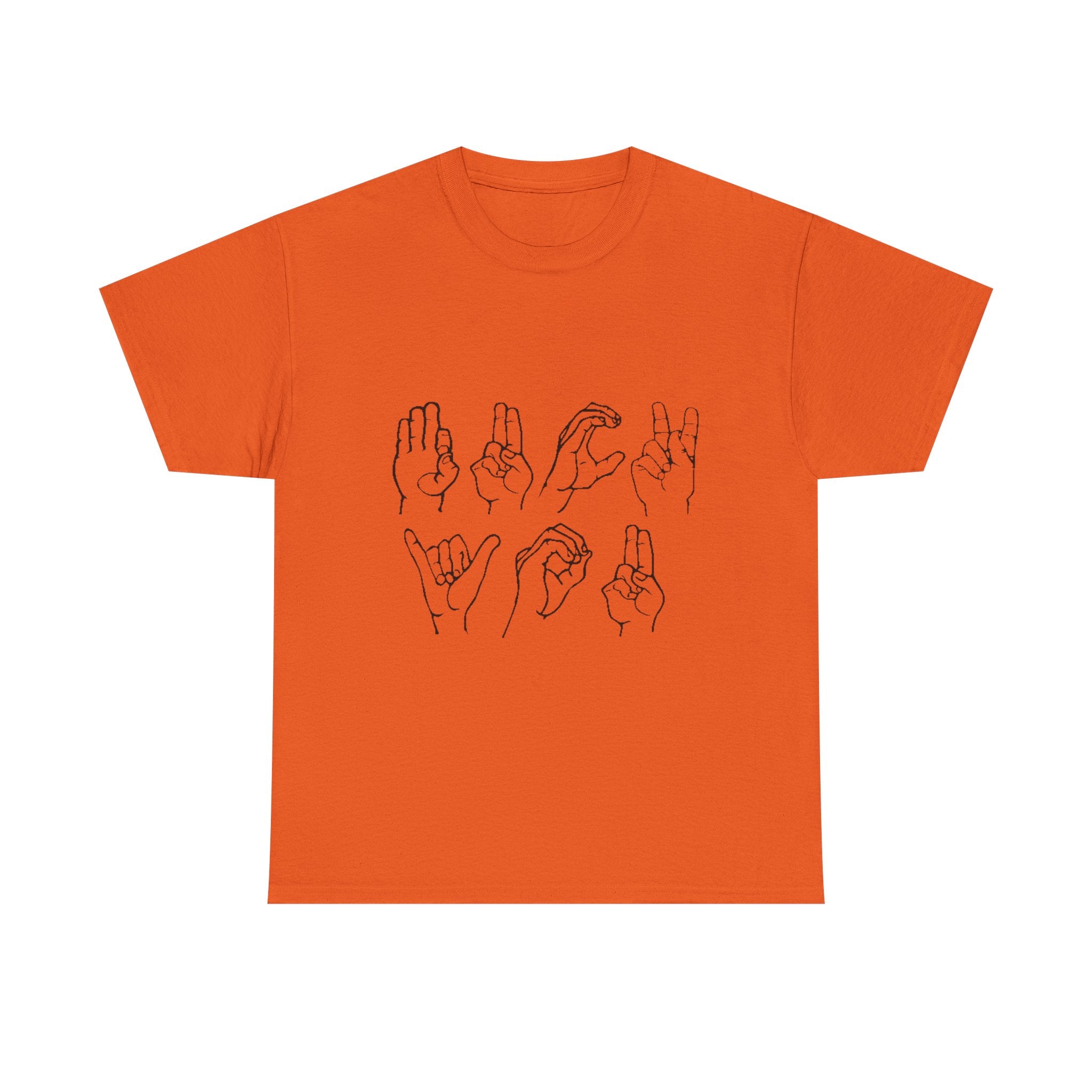 Orange t-shirt with black hand gesture illustrations on a white background