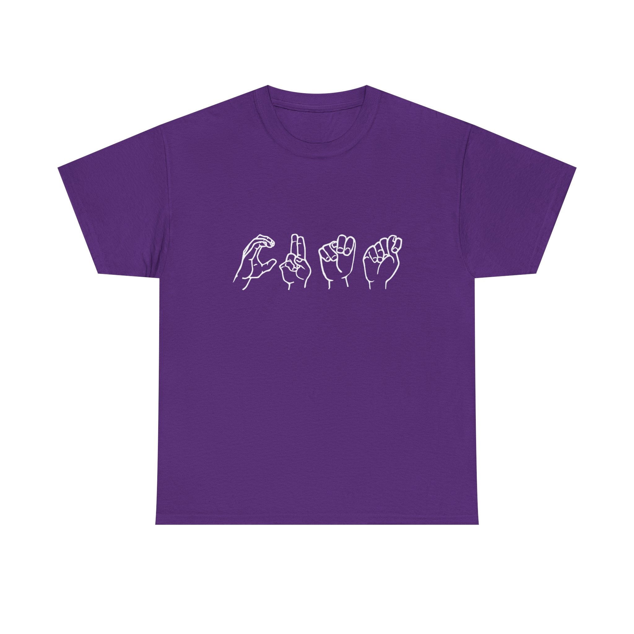 Purple t-shirt with white hand gesture designs on a white background