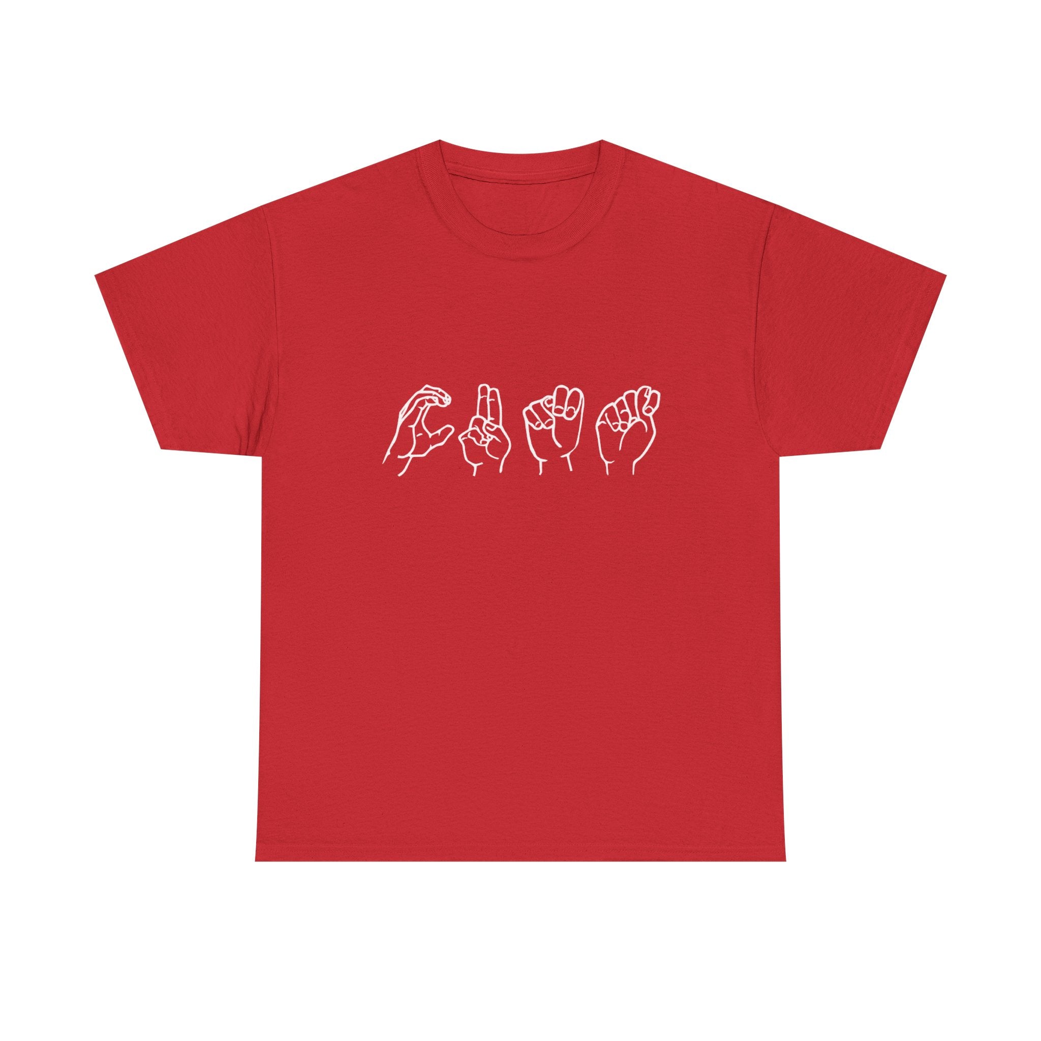 Red t-shirt with white line art of four hands in different poses on a white background