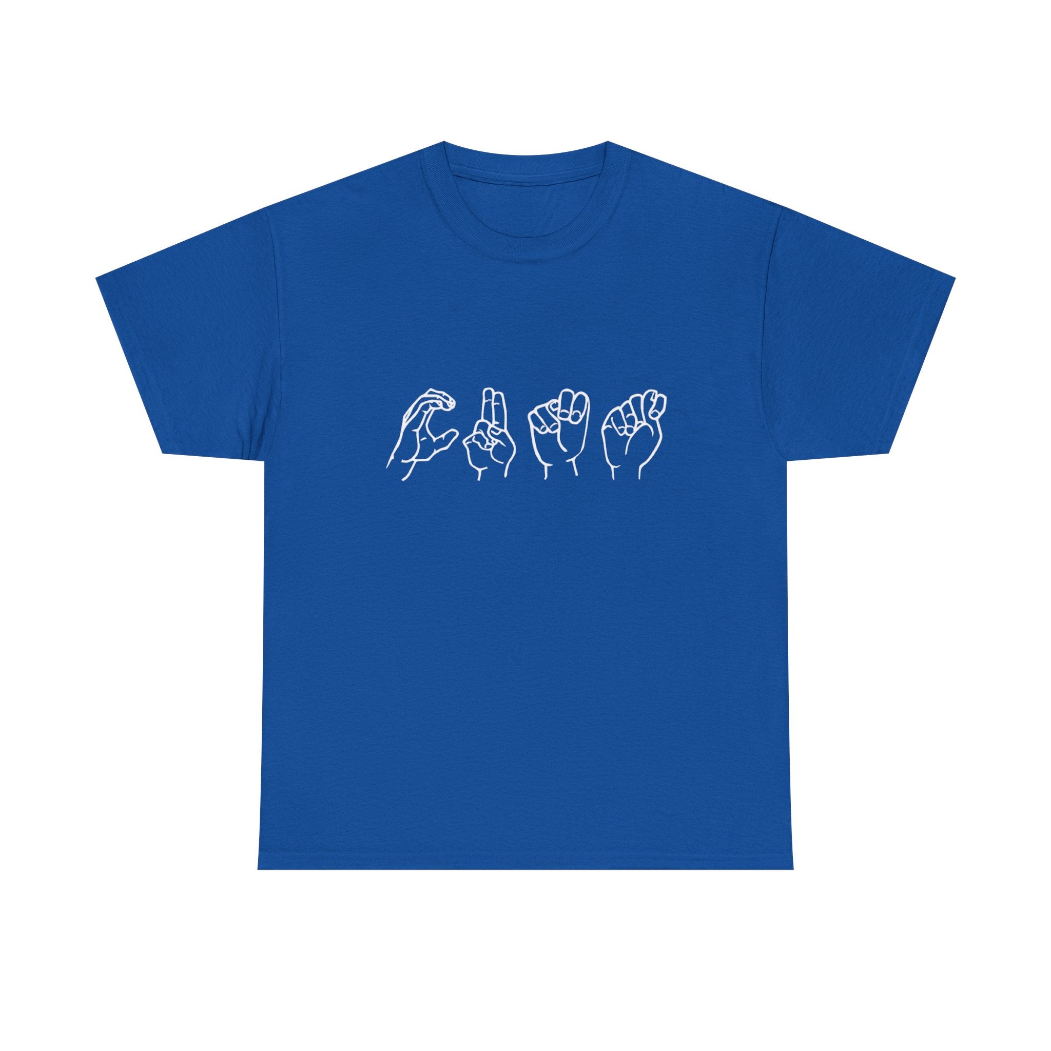 Blue t-shirt with white hand gesture designs on a white background