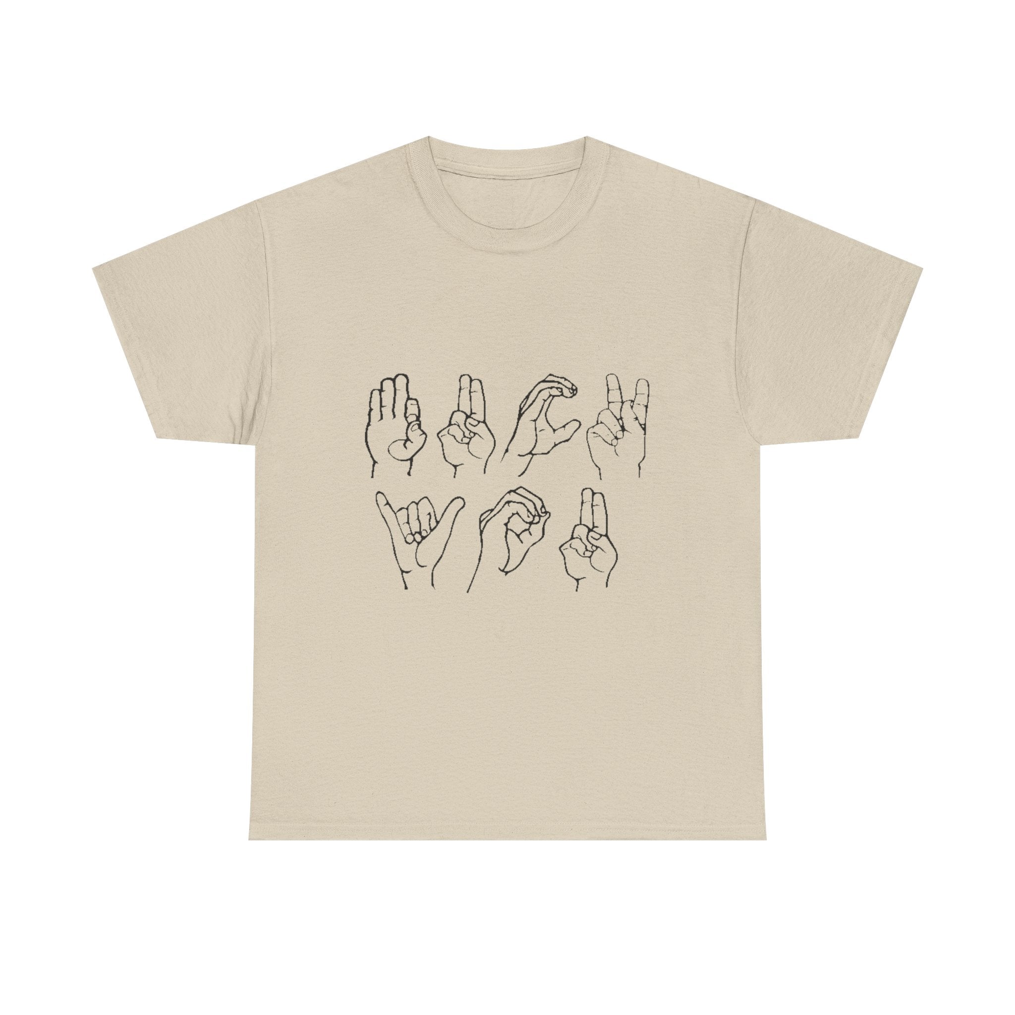 Beige t-shirt with line drawings of hands on a white background