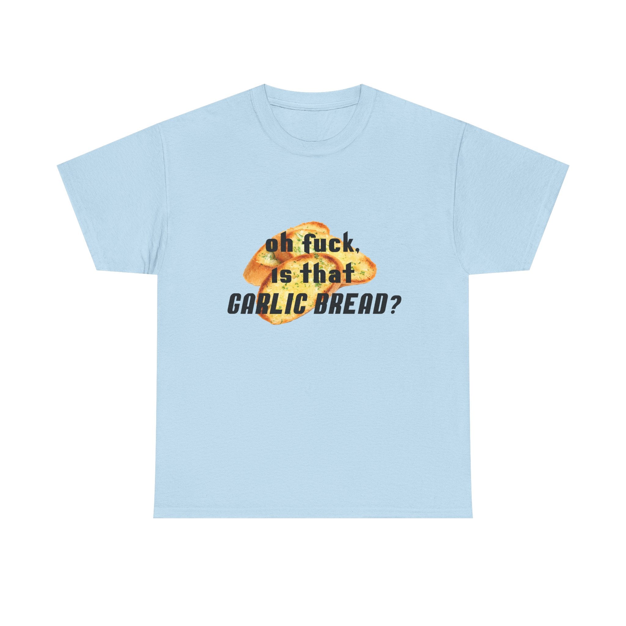 Light blue t-shirt with graphic design and text on a white background