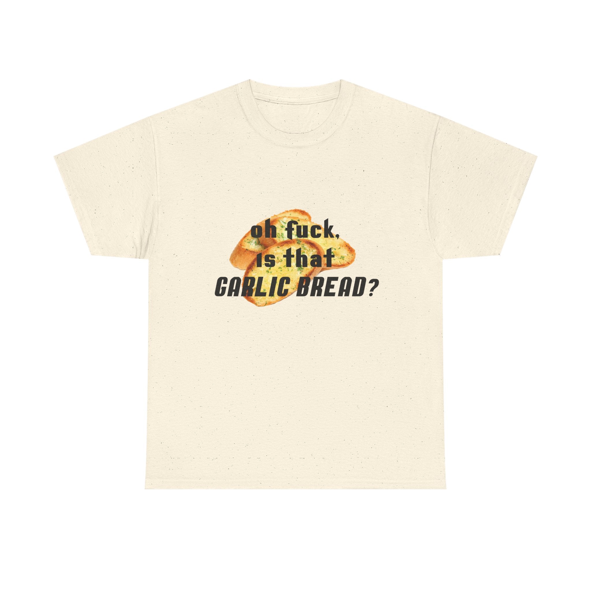 Beige t-shirt with garlic bread graphic and text on a white background