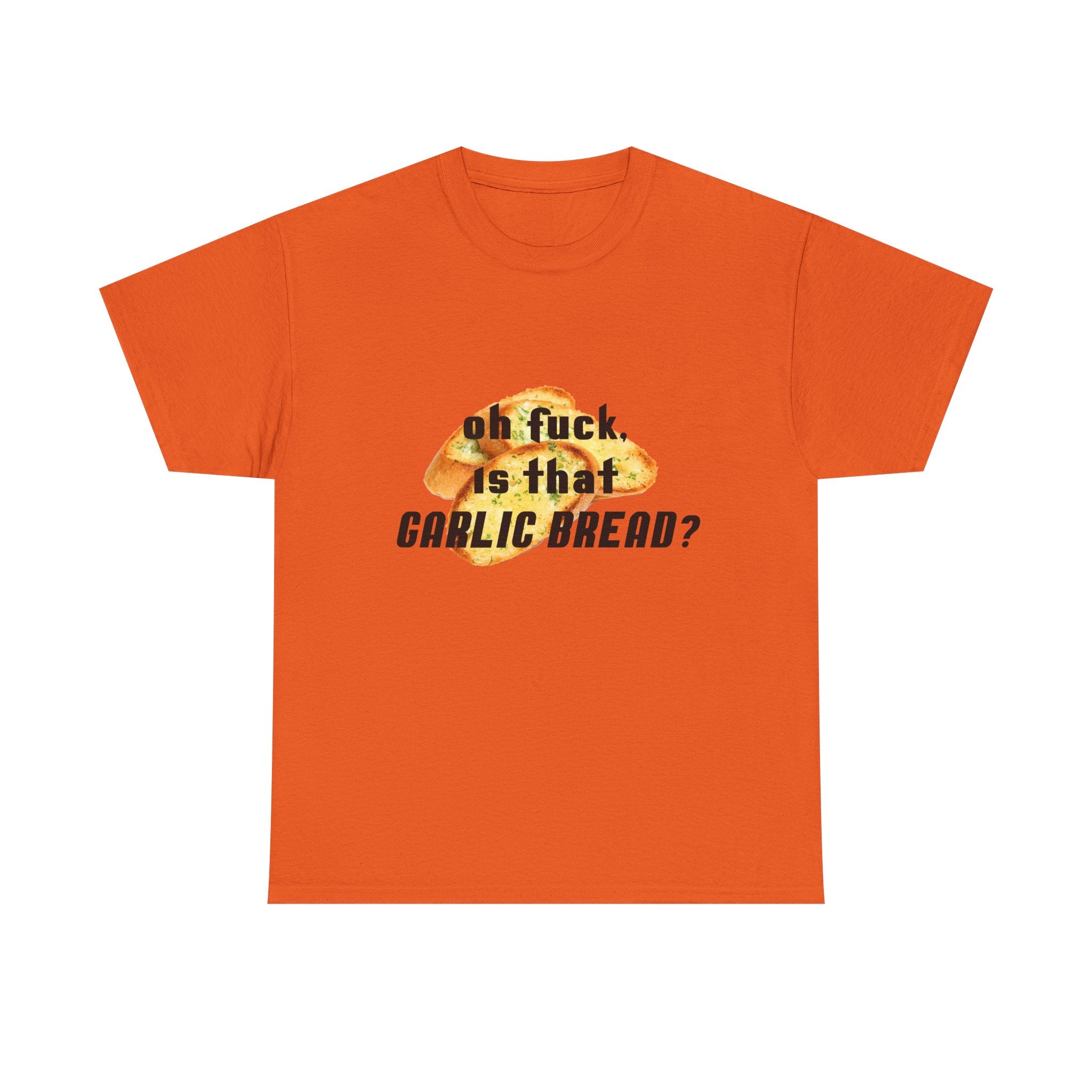 Orange t-shirt with garlic bread graphic and text on a white background