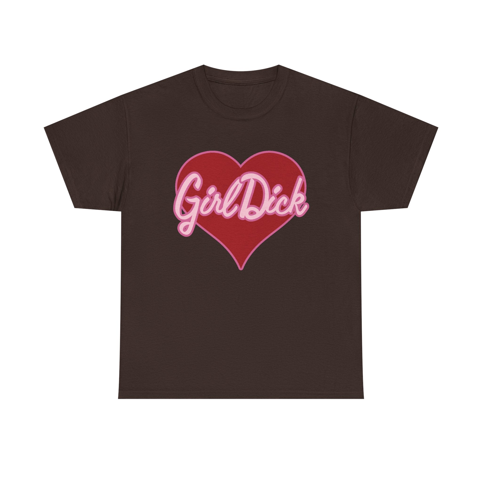 Brown t-shirt with a red heart and 'Girl Dick' text on a white background