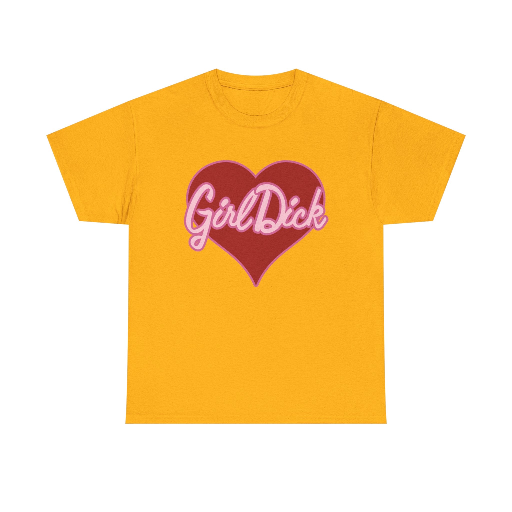 Yellow t-shirt with a red heart and 'Girl Dick' text on a white background