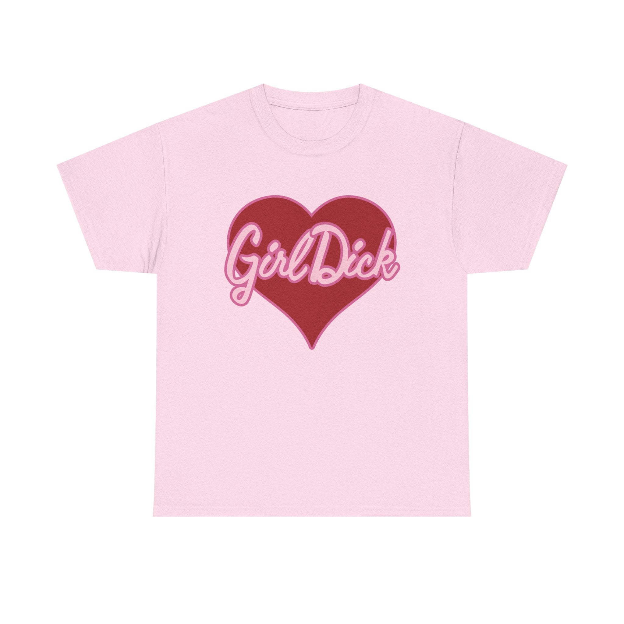 Pink t-shirt with a red heart and 'Girl Dick' text on a white background