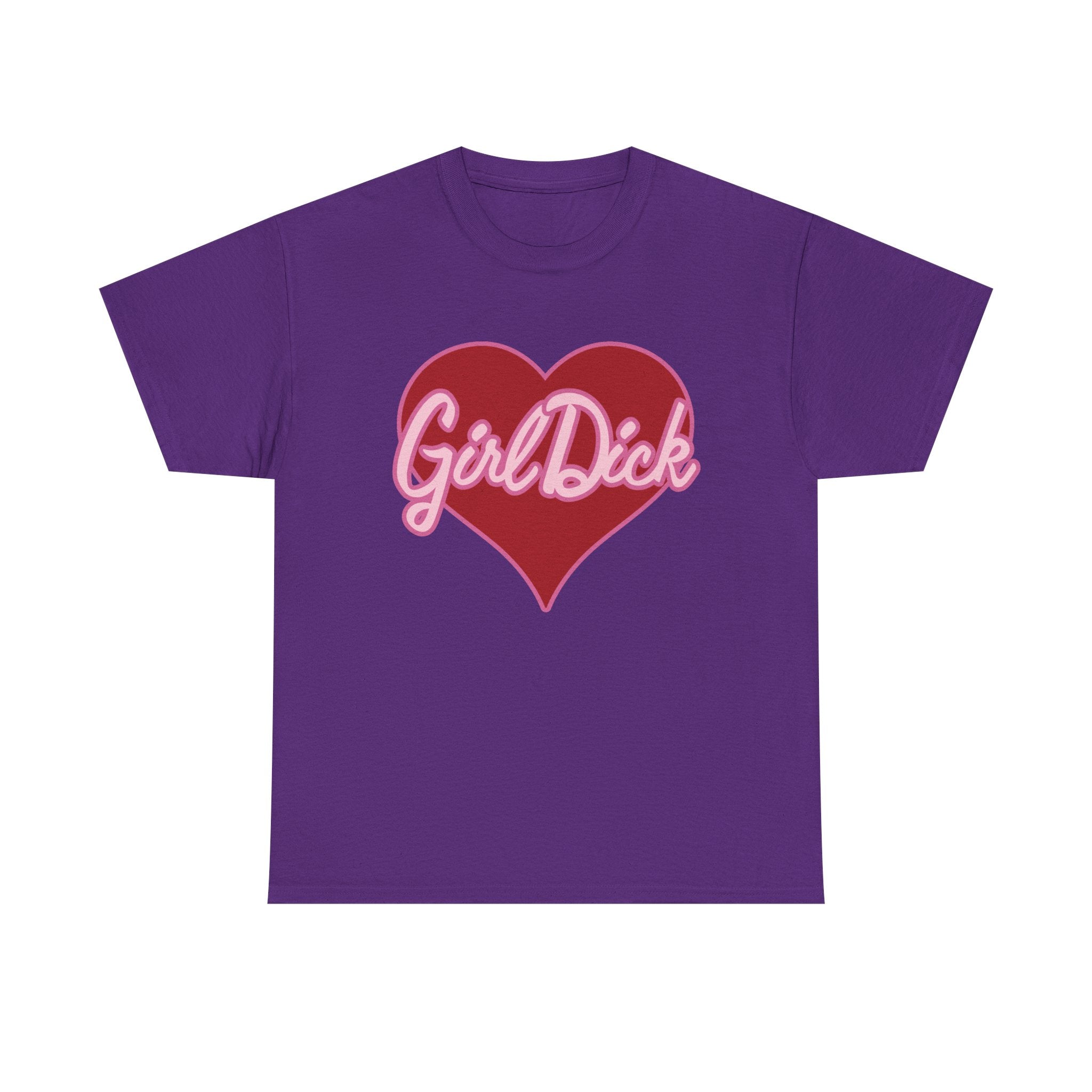 Purple t-shirt with a red heart and 'Girl Dick' text on a white background