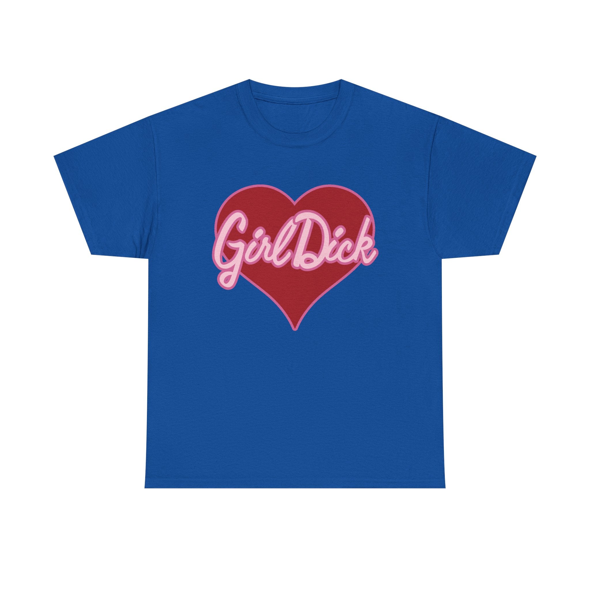 Blue t-shirt with a red heart and white text on a white background