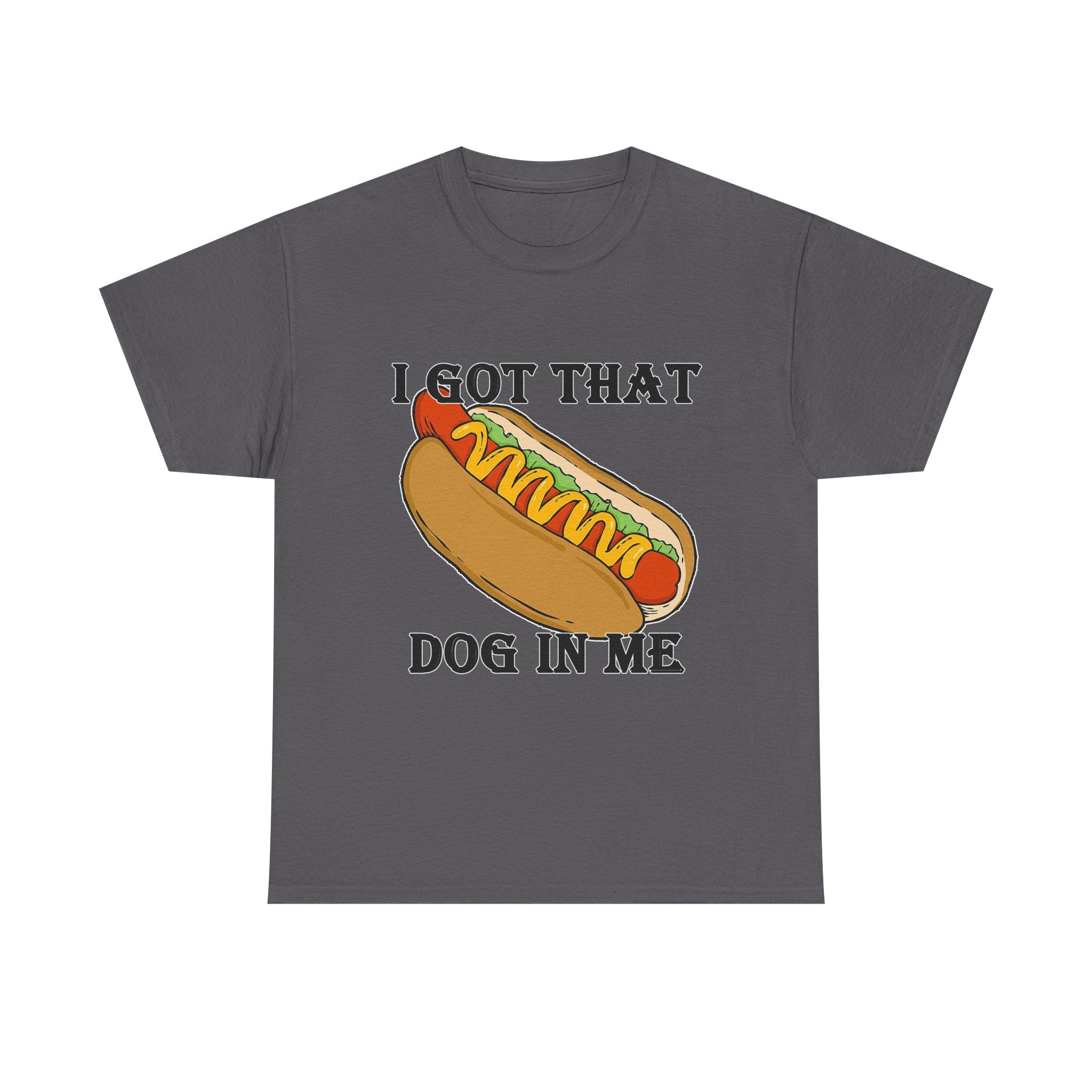 Gray t-shirt with a hot dog graphic and text on a white background