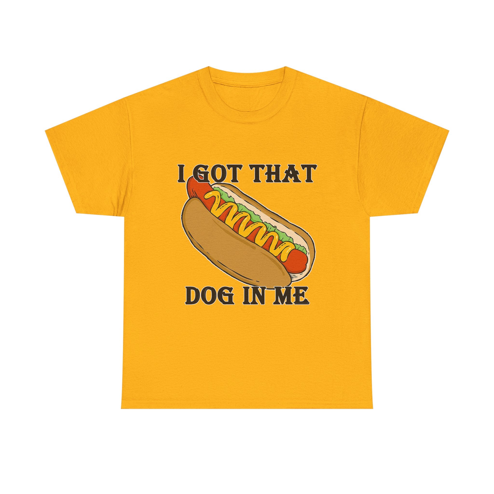 Yellow t-shirt with a hot dog graphic and text on a white background
