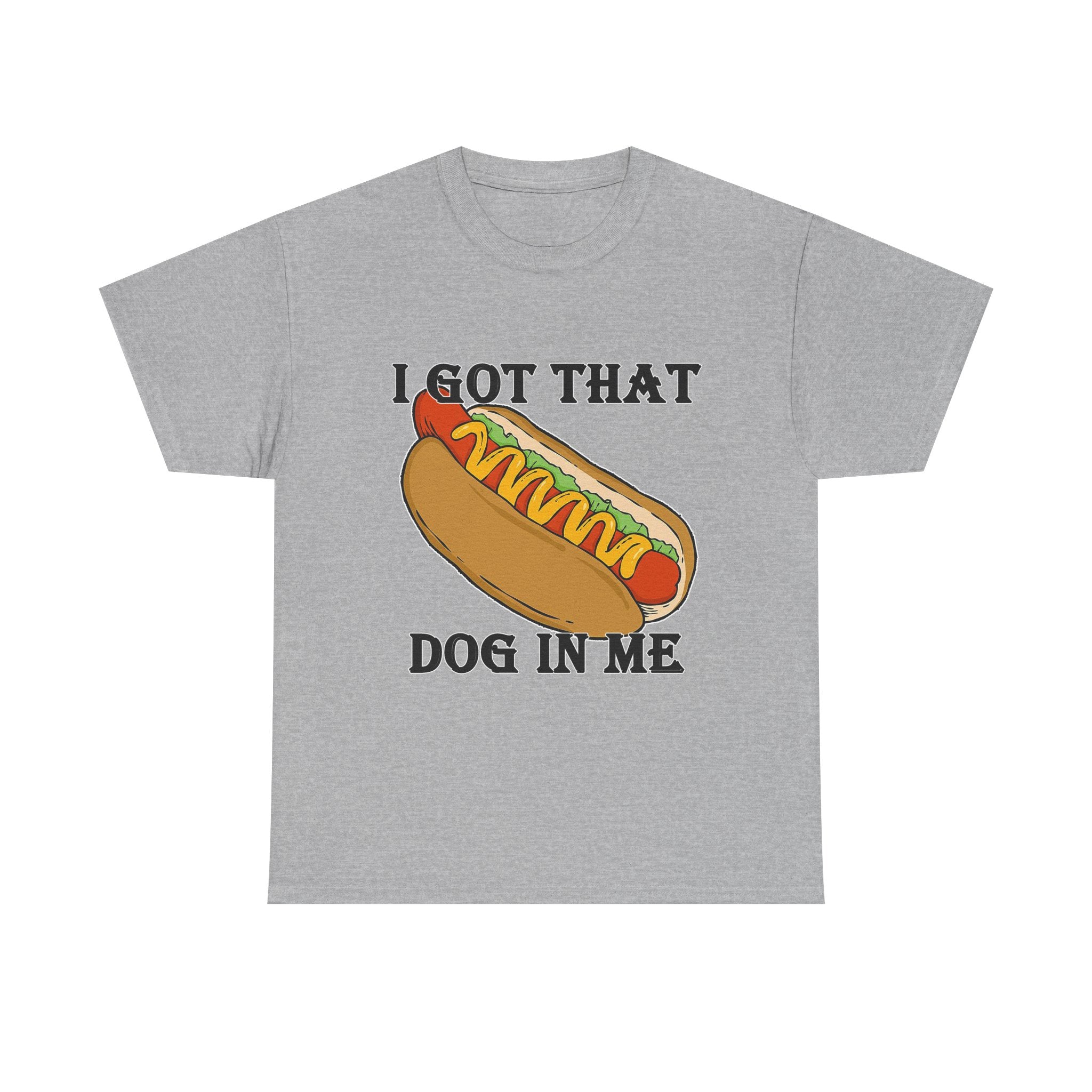 Gray t-shirt with a hot dog graphic and text on a white background