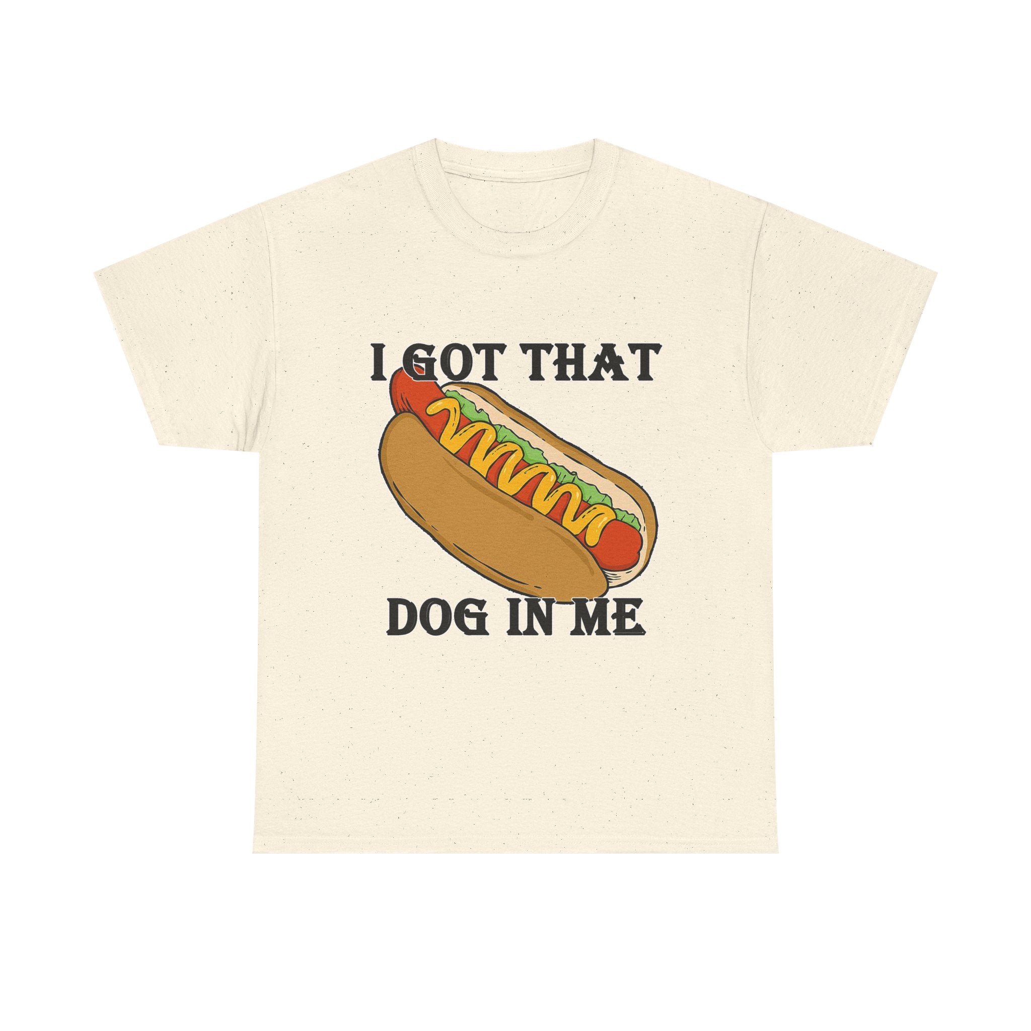 Beige t-shirt with a hot dog graphic and text on a white background