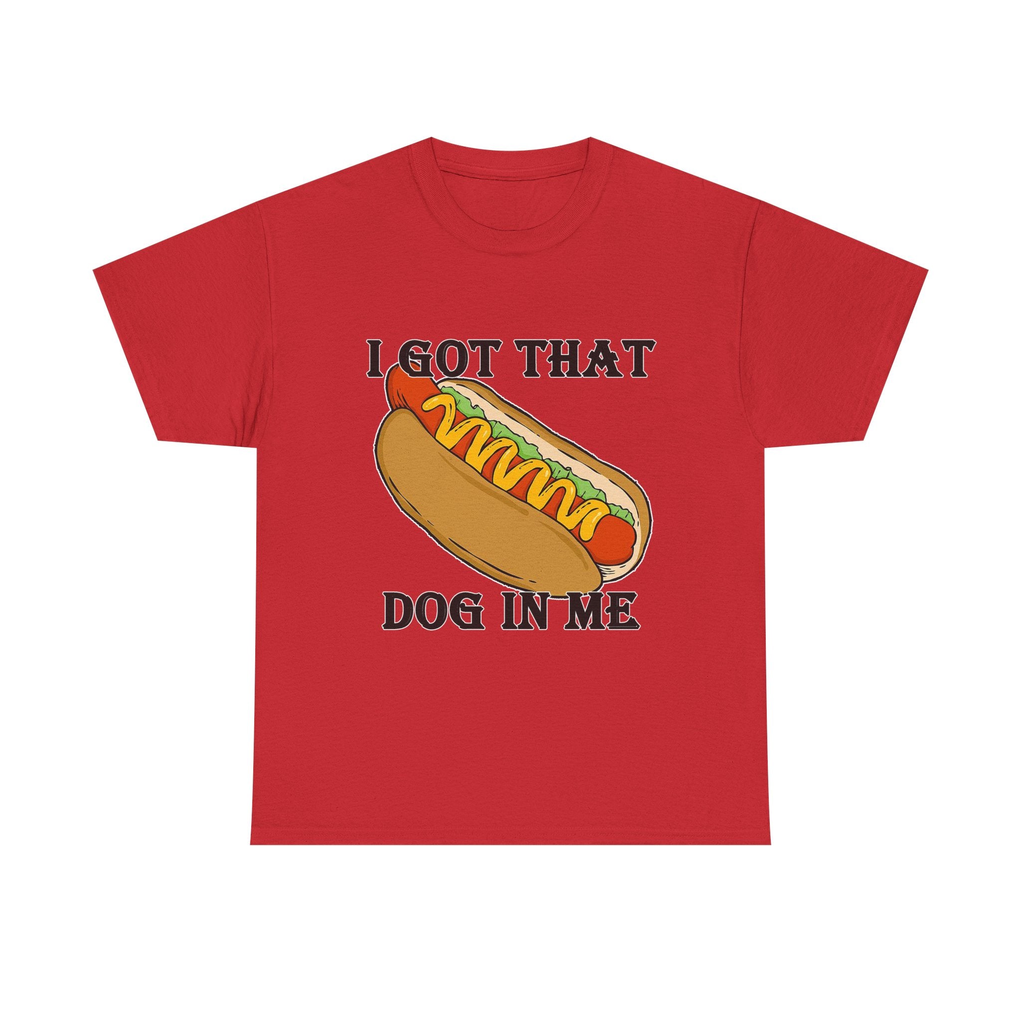 Red t-shirt with a hot dog graphic and text on a white background