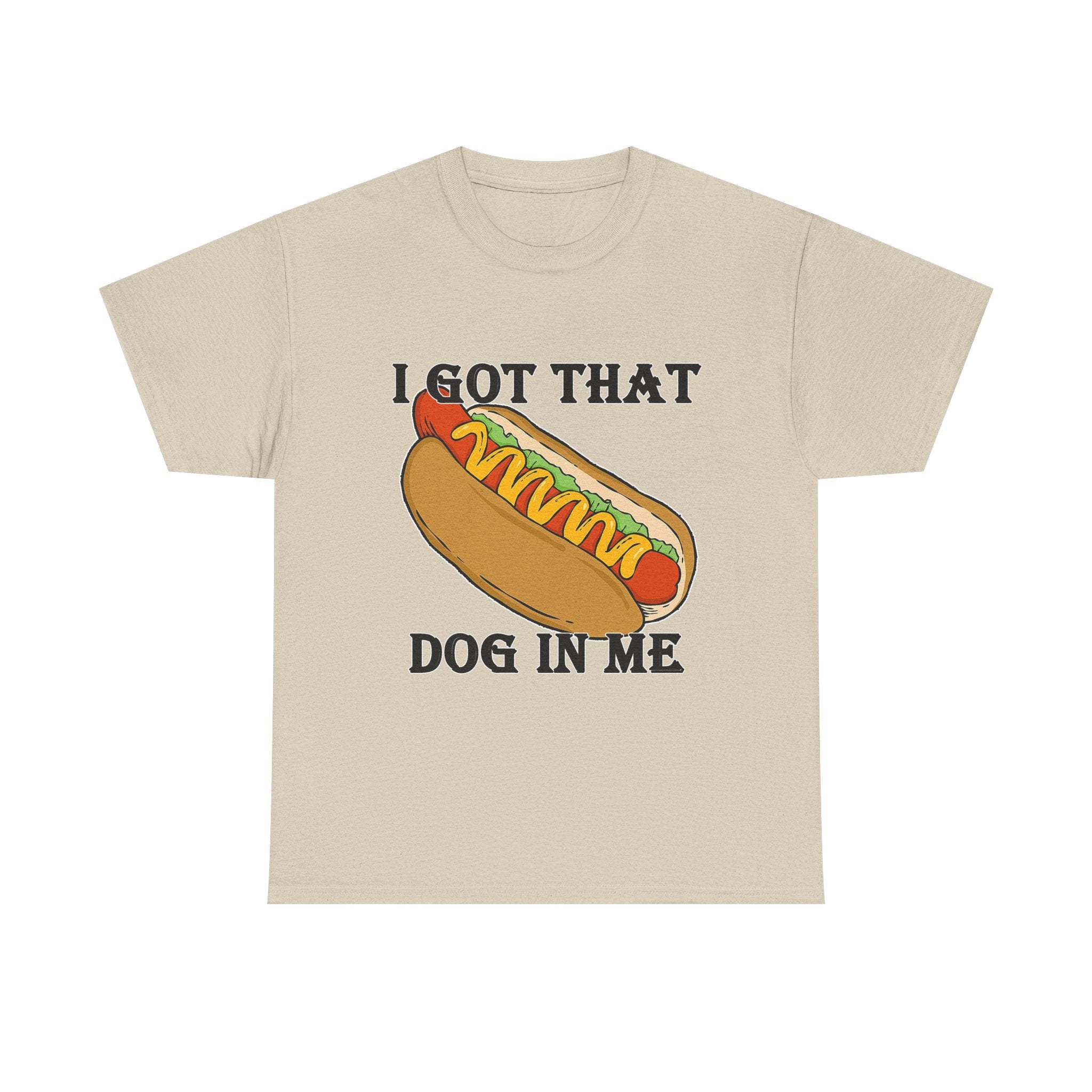 Beige t-shirt with a hot dog graphic and text on a white background