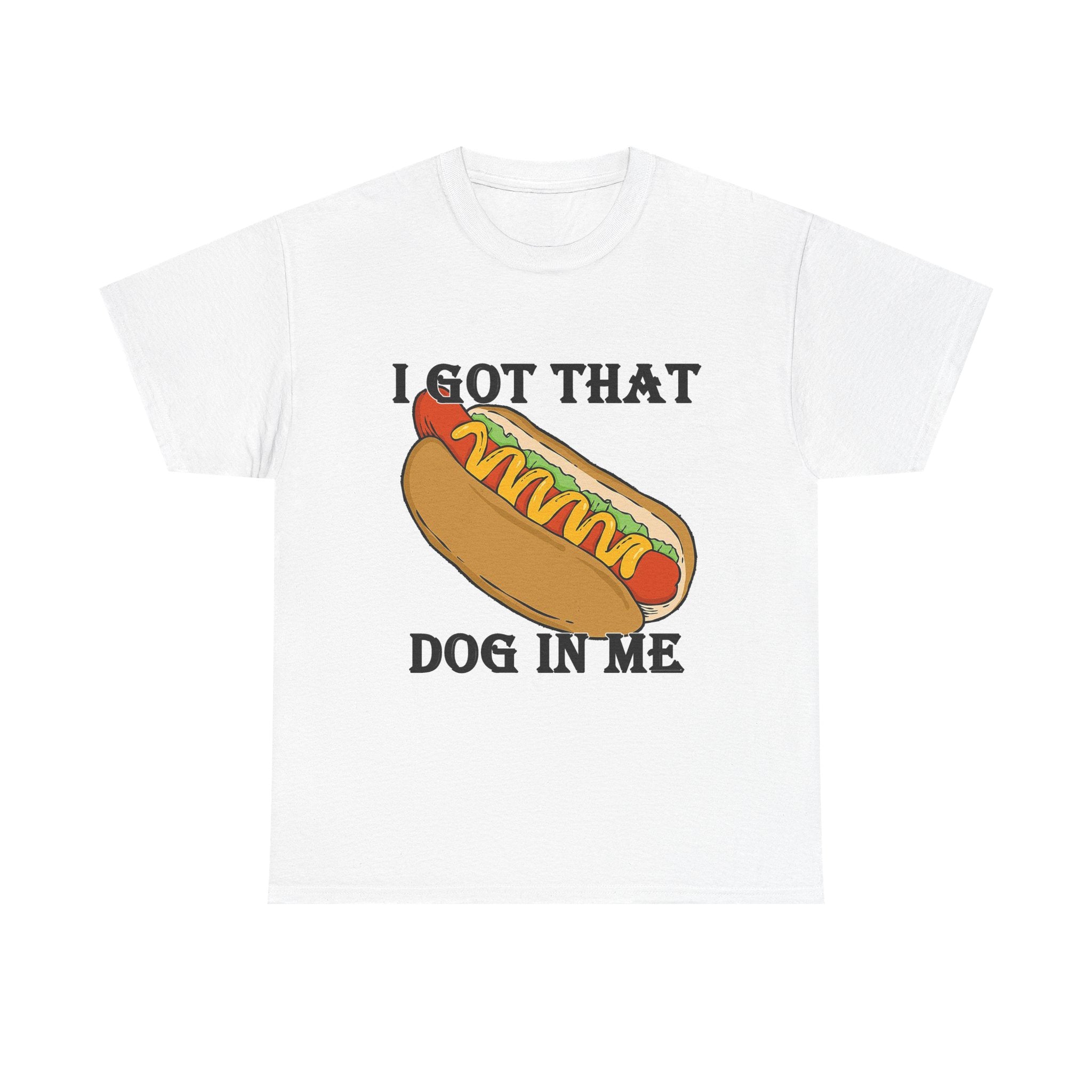 White t-shirt with a hot dog graphic and text on a white background