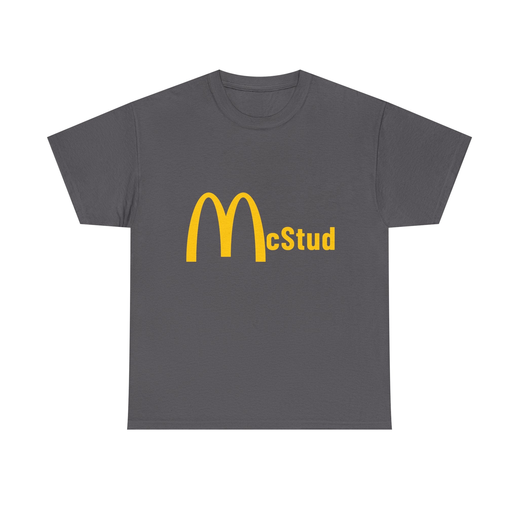 Gray t-shirt with yellow 'McStud' logo on a white background