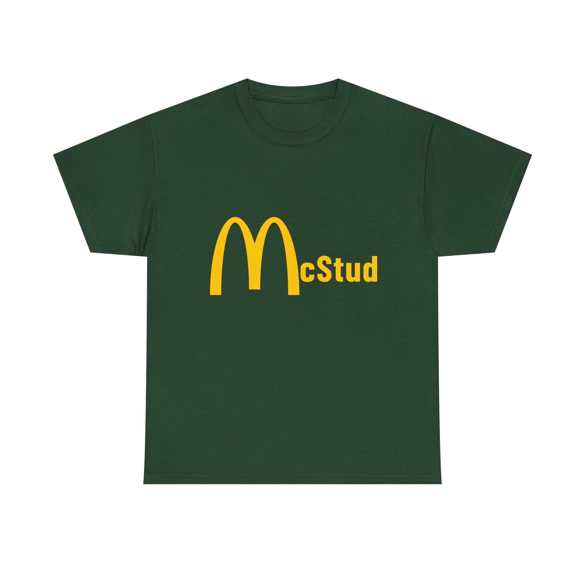 Green t-shirt with yellow 'McStud' logo on a white background