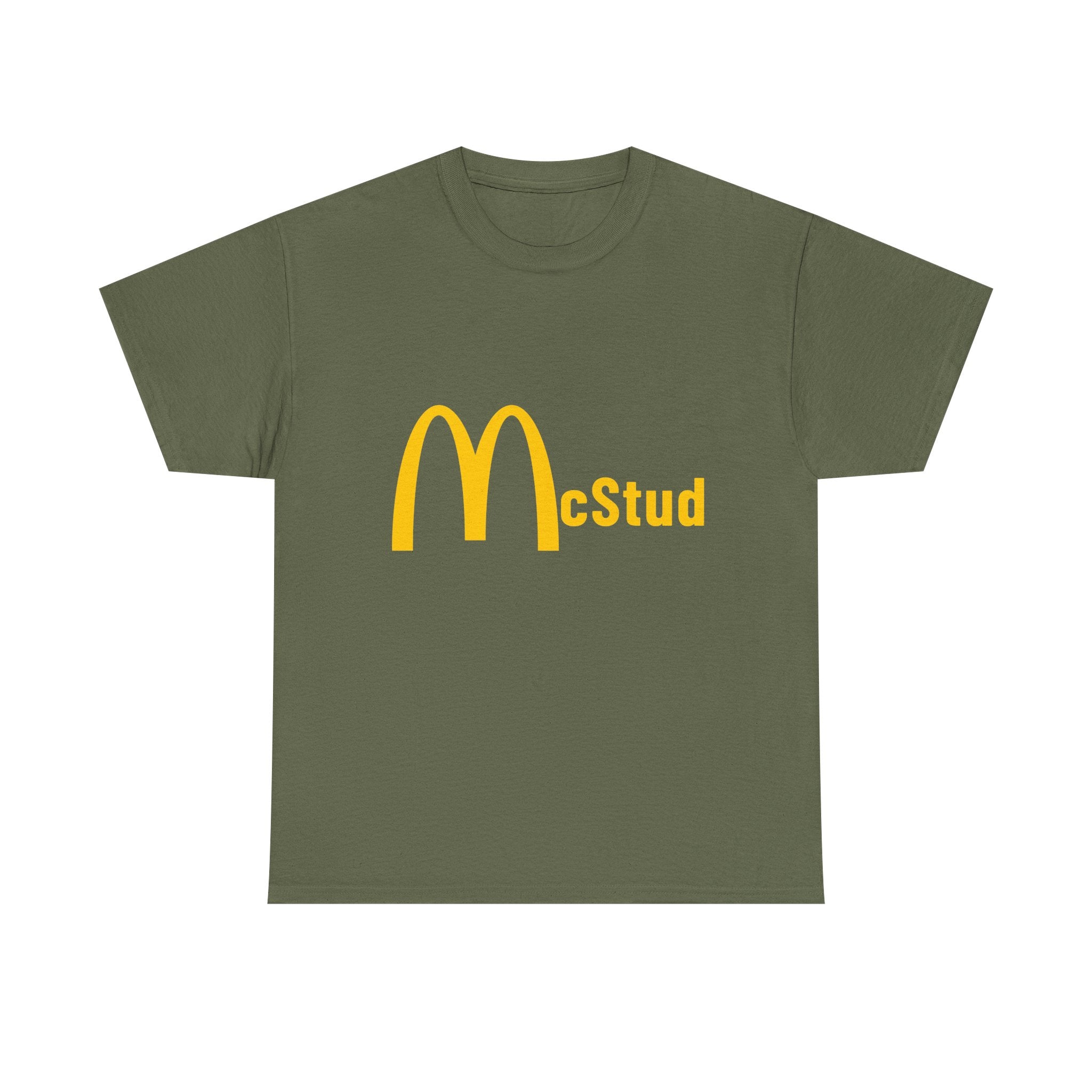Green t-shirt with yellow 'McStud' text on a white background