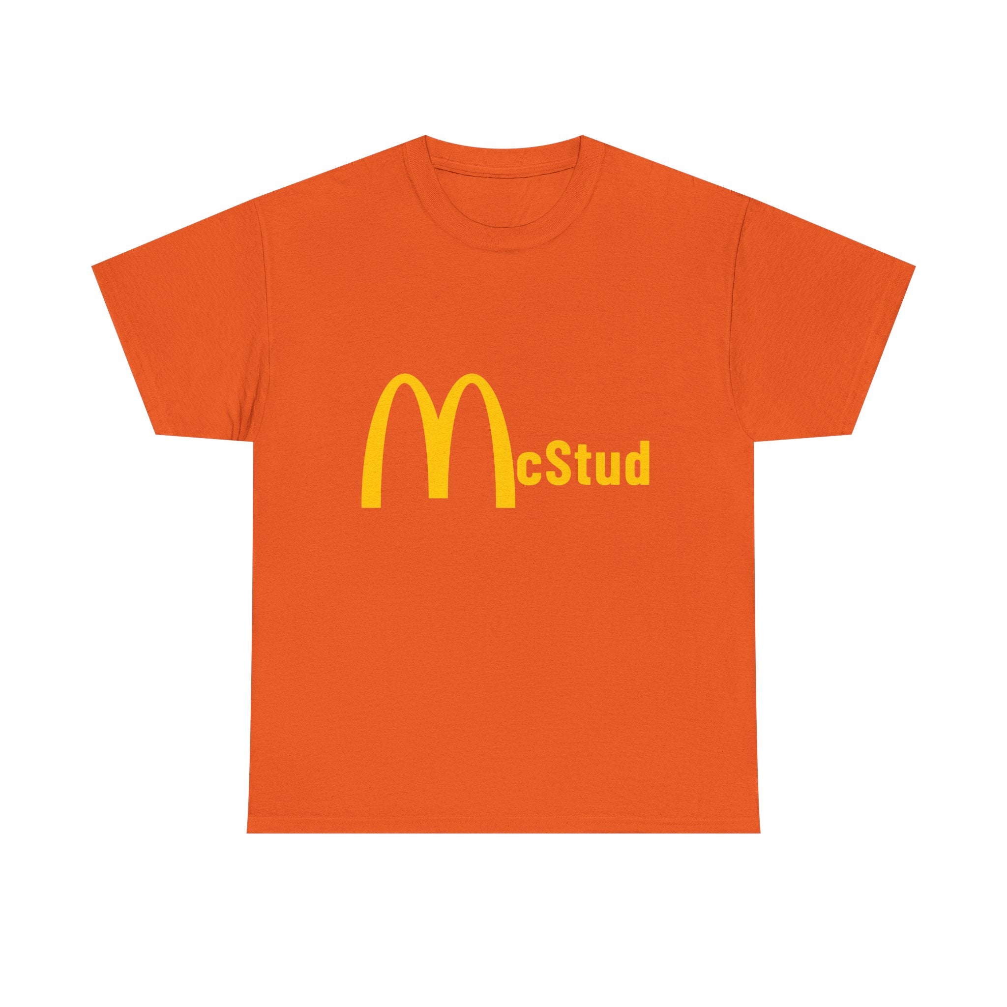 Orange t-shirt with yellow 'McStud' graphic on a white background