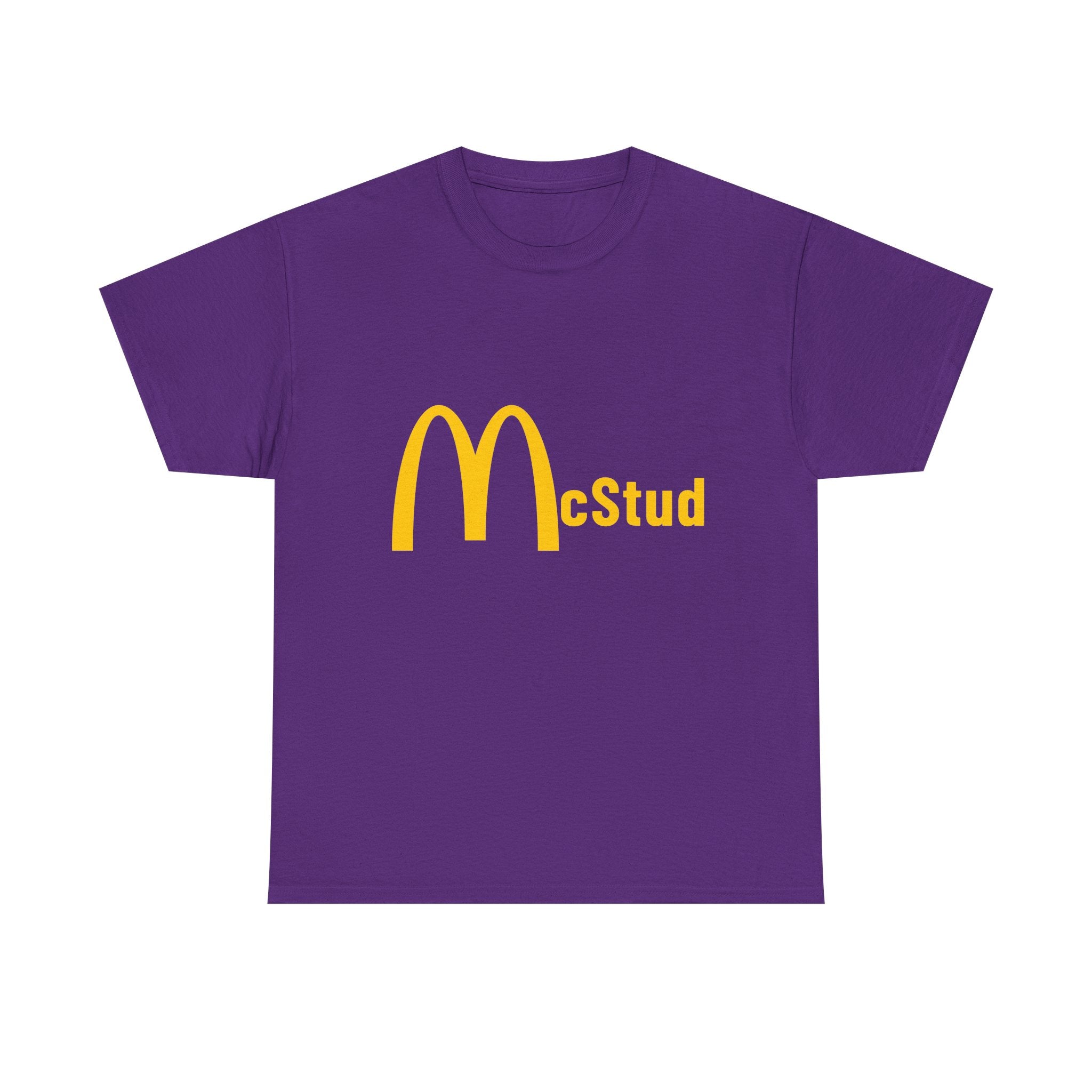 Purple t-shirt with yellow 'McStud' text on a white background